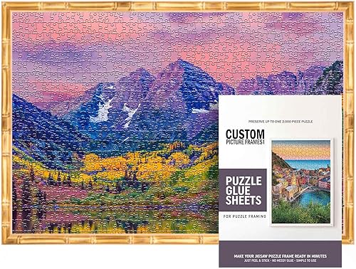 Kit de marco de rompecabezas de 23 x 28 pulgadas con hojas de pegamento, marco de fotos de bambú dorado, madera real con frente acrílico resistente