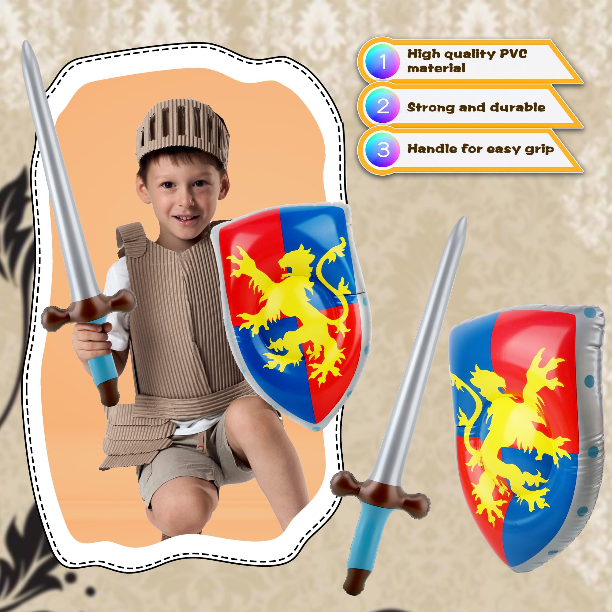 28 Pcs Kids Inflatable Medieval Joust Sword and Shield Knight Set Toy Including 14 Inflatable Medieval Shield and 14 Blow up Pirates Sword for Pirate Party Favors Medieval Accessories Cosplay Toys - Image 3