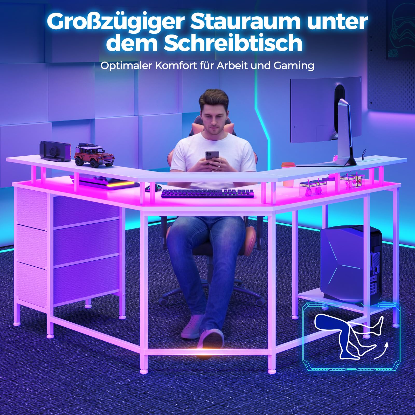 Seventable L-förmiger Gaming Schreibtisch mit LED-Beleuchtung & Steckdosen, Eckschreibtisch mit 3 Stoffschubladen & Ablage, Computertisch für Home Office & PC-Gaming,Weiß,119×119×88 cm