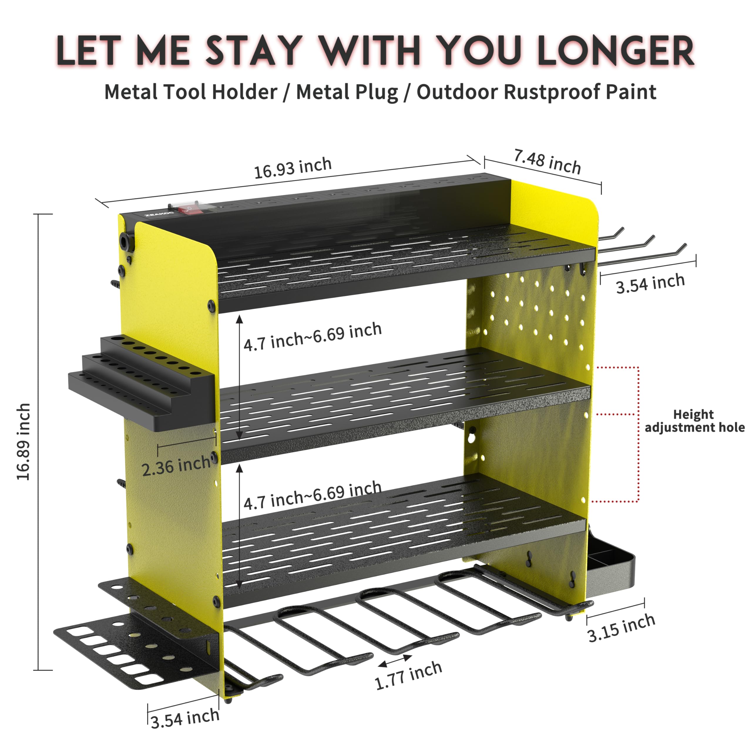 ZEAKOC Power Tool Organizer with Charging Station, 4 Layers Drill Holder Wall Mount, Metal Garage Rack with 8 Outlet Power Strip, Tool Shelve Drill Bit Storage, Christmas Gift for Men Dad(Green&Black)