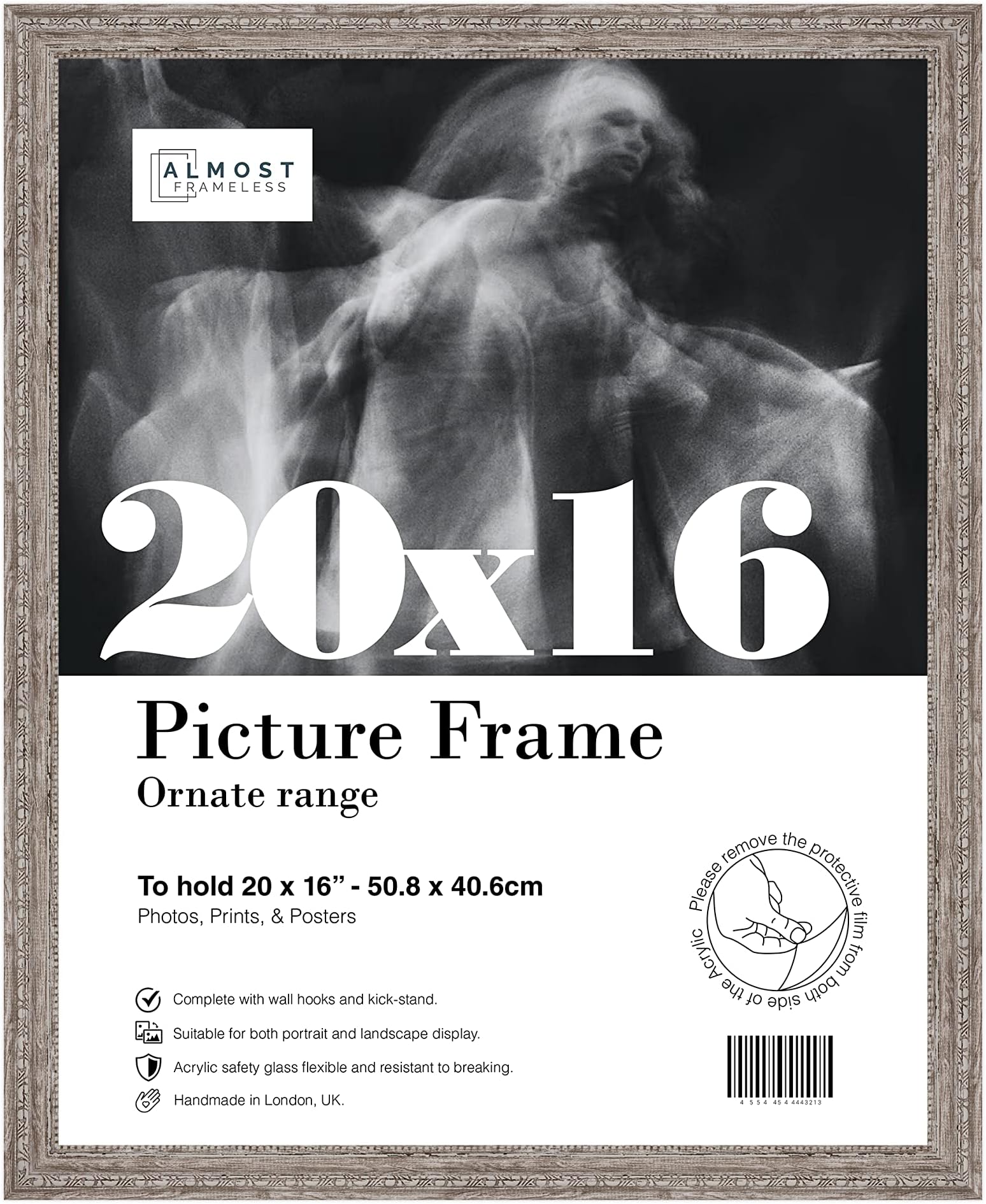 Almost Frameless 20x16 Walnut Ornate Picture Frame 20"x16"(50.8x40.6cm) Poster, Photo, Artwork, or Print. Shabby Chic Style Portrait and Landscape Display with Wall Hooks