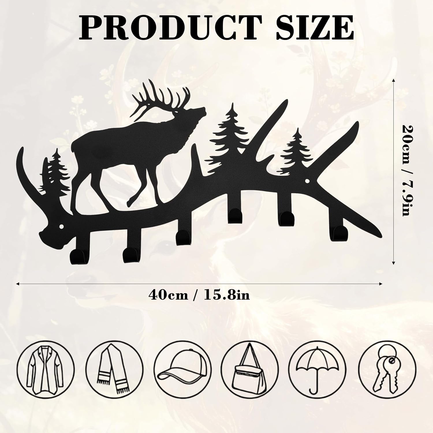Elk Antler Key Holder Wall Mount – Rustic Key Rack for Wall with Hooks, Black Metal Deer Key Hanger, Wall-Mounted Key & Coat Hooks for Entryway, Cabin or Mudroom