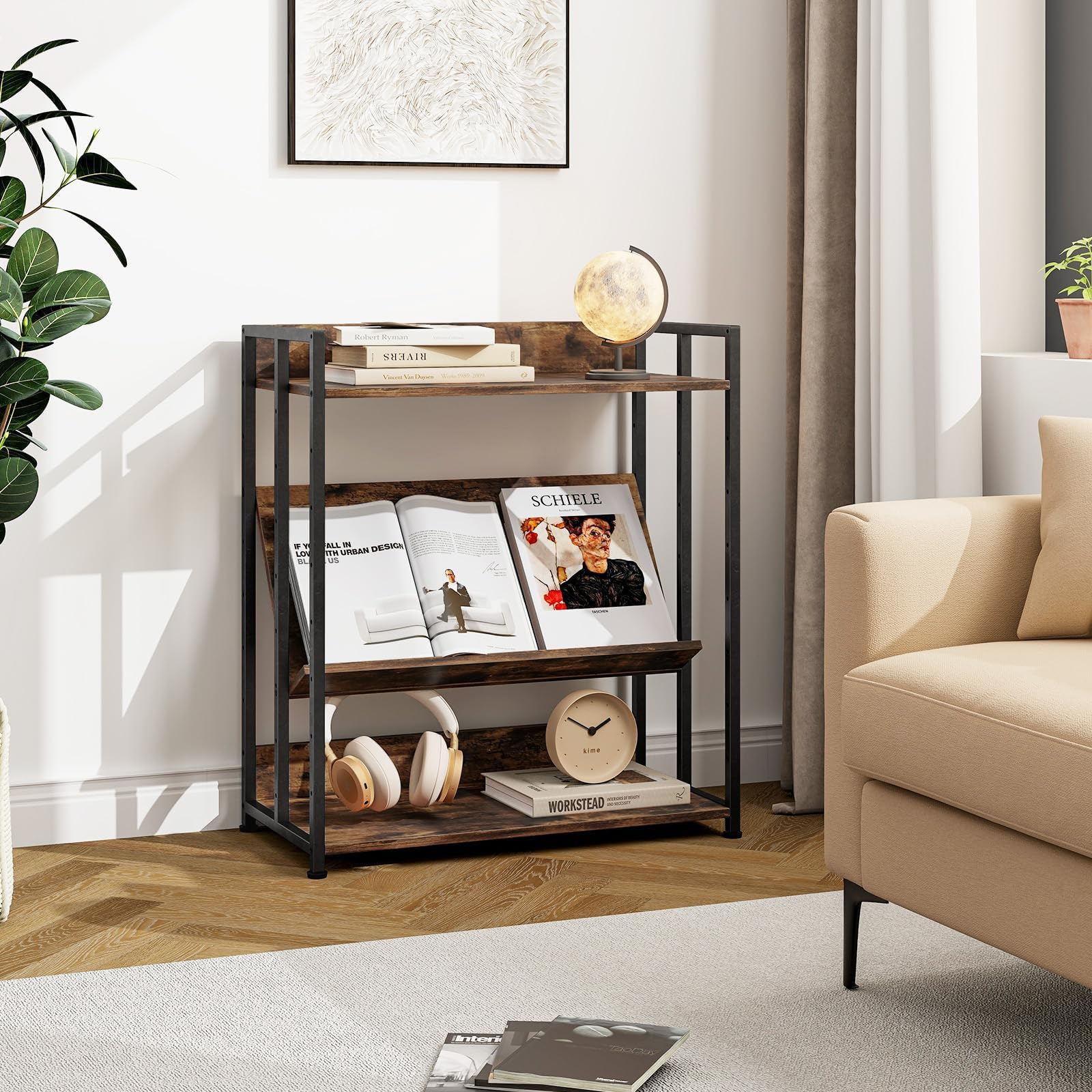 FANTASK Scaffale portaoggetti con telaio in metallo e ripiani regolabili, scaffale a 3 ripiani, libreria per studio, soggiorno e cucina, 70 x 35 x 81 cm (marrone rustico)