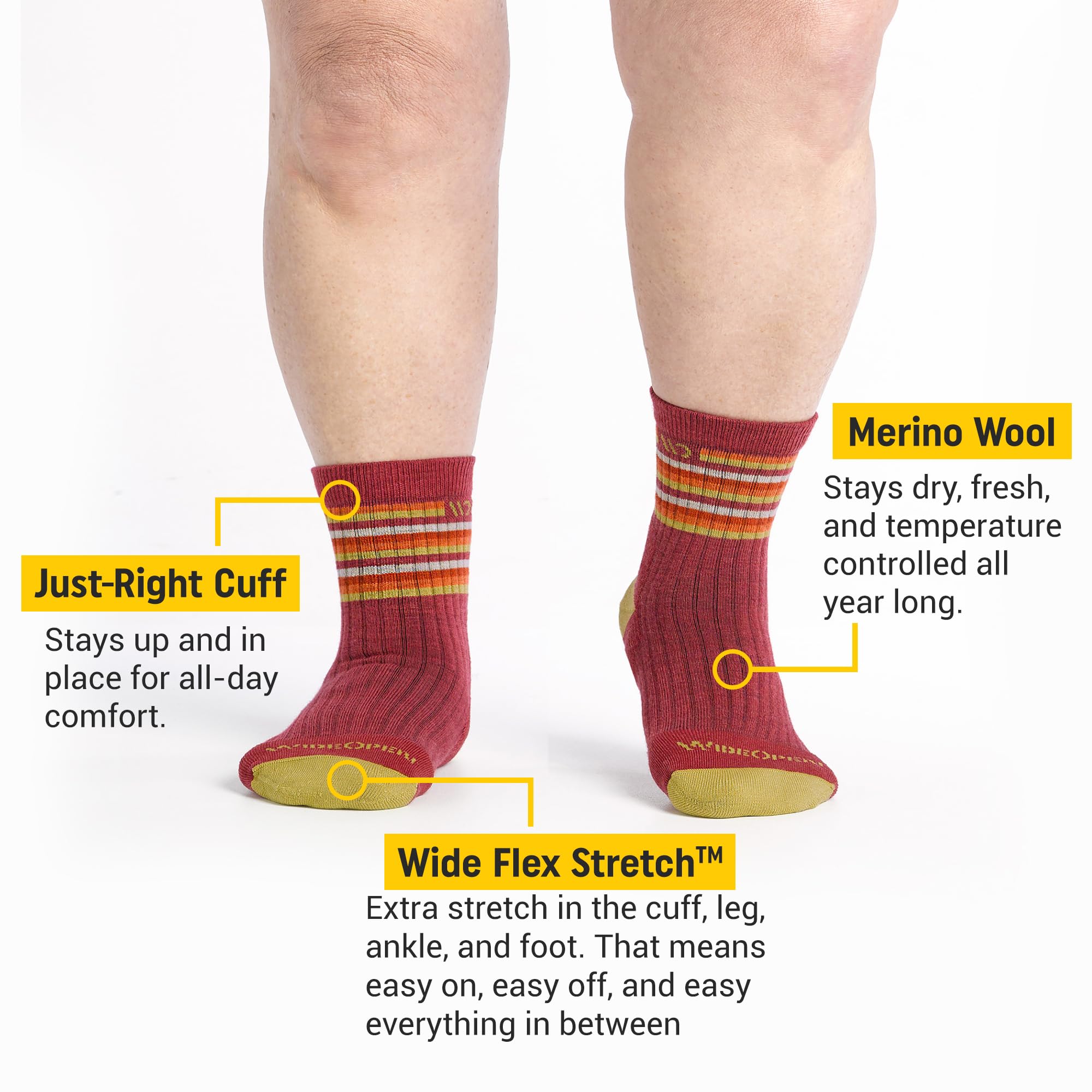 Wide Open Micro Crew Women's Socks - Merino Wool for Women, Multi Stripe Everyday Wide, Ankle Socks for Wide Feet - Cranberry, Medium
