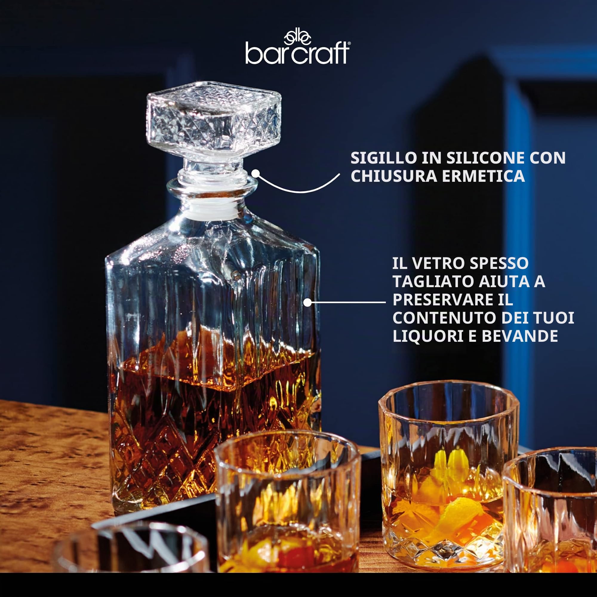 BarCraft Decanter per Whisky 900ml e set da Regalo, in Vetro Tagliato, 5 Pezzi, con Tappo in Silicone e 4x Bicchieri, 26 x 10 x 24cm