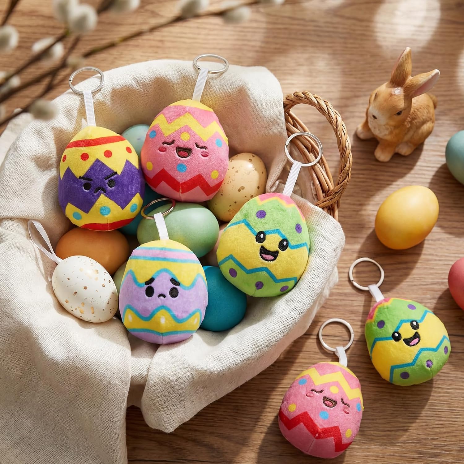 Highergo 24 Pcs Easter Egg Plush Toys Keychain 3 Inch Easter Basket Stuffers Stuffed Egg for Hunting Party Favors Gift for Kids