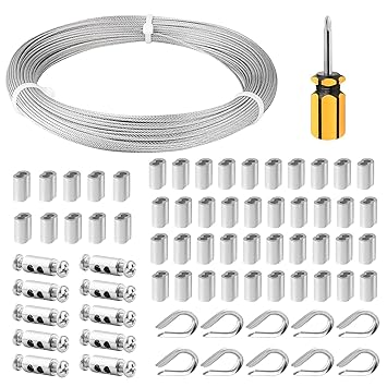 FSHIHINE 304 Stainless Steel Wire Cable 50M Multi-Purpose 1/16 Wire Rope Cable Rigging for Home & Garden Fencing Wire Kit with Cable Thimbles, Crimping Sleeves, Wire Rope Clips Guy Wires