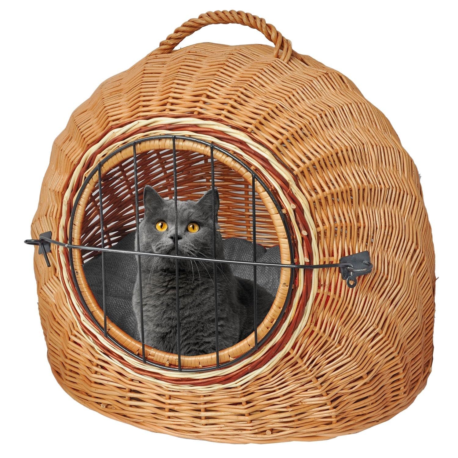YULKA Katzentransportkorb aus Weide – Katzenkorb mit Metalltür & Kissen, handgeflochten, Tragegriff – 50×39×37–40 cm – 2-in-1 Transport & Schlafplatz