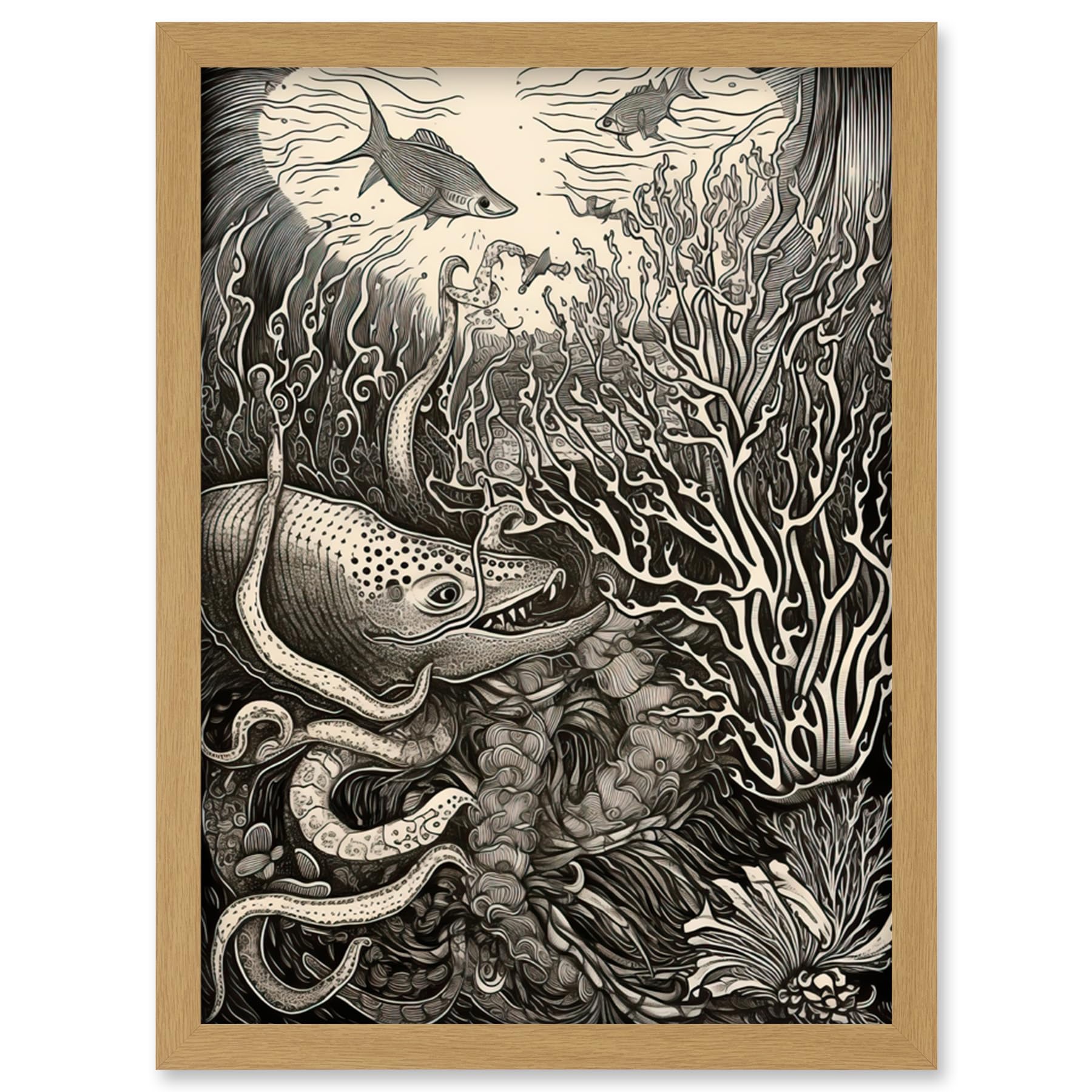 Artery8 Aquatic Animals and Plants Linocut Illustration Artwork Framed Wall Art Print A4