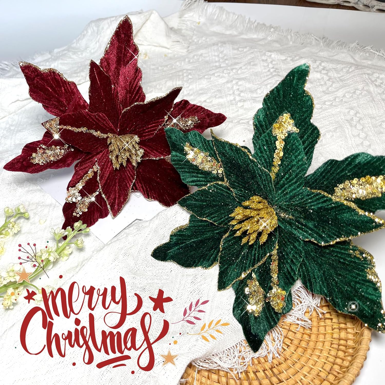 6 PCS Large Glitter Poinsettia Flowers 11 Inches Artificial Christmas Flowers Decoration Christmas Tree Ornaments Wreath Garland Decoration (Forest Green)