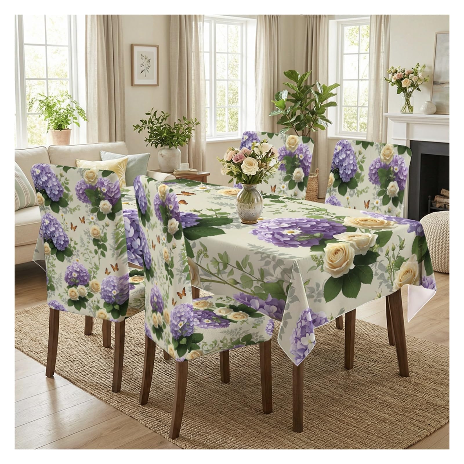 BOSUYBN Light Base Purple Hydrangea Rose Butterfly Dining Tablecloth & Chair Covers Set, 5/7 Piece Spring Garden Cottage Farmhouse Dining Decor Table Setting(5pcs Set: Tablecloth+Chair Covers)