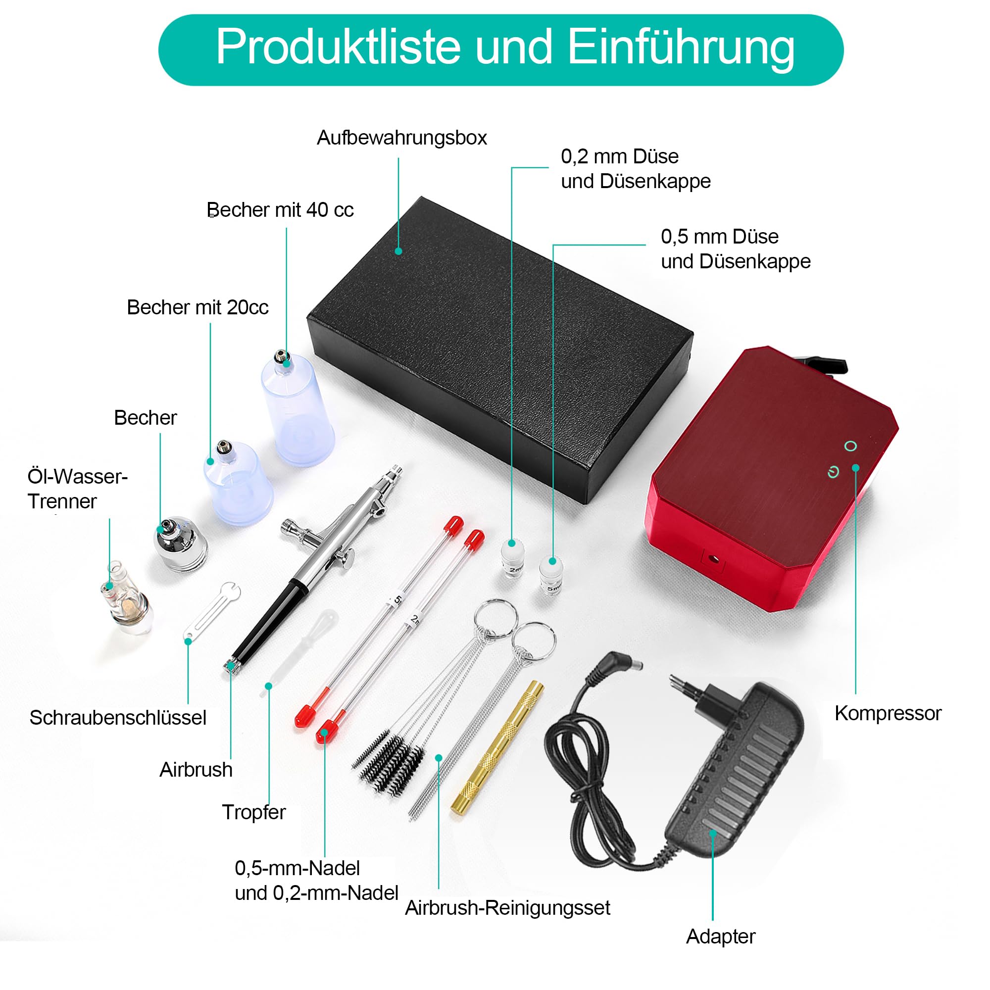 40PSI Airbrush Set Kompressor Dual Action 3 Modi 0,3/0,3/0,5mm Düse 9CC Tasse Airbrush Pistole für Makeup, Kunsthandwerk, Nageldesign, Tattoo-Modellierung, Malerei, Rot