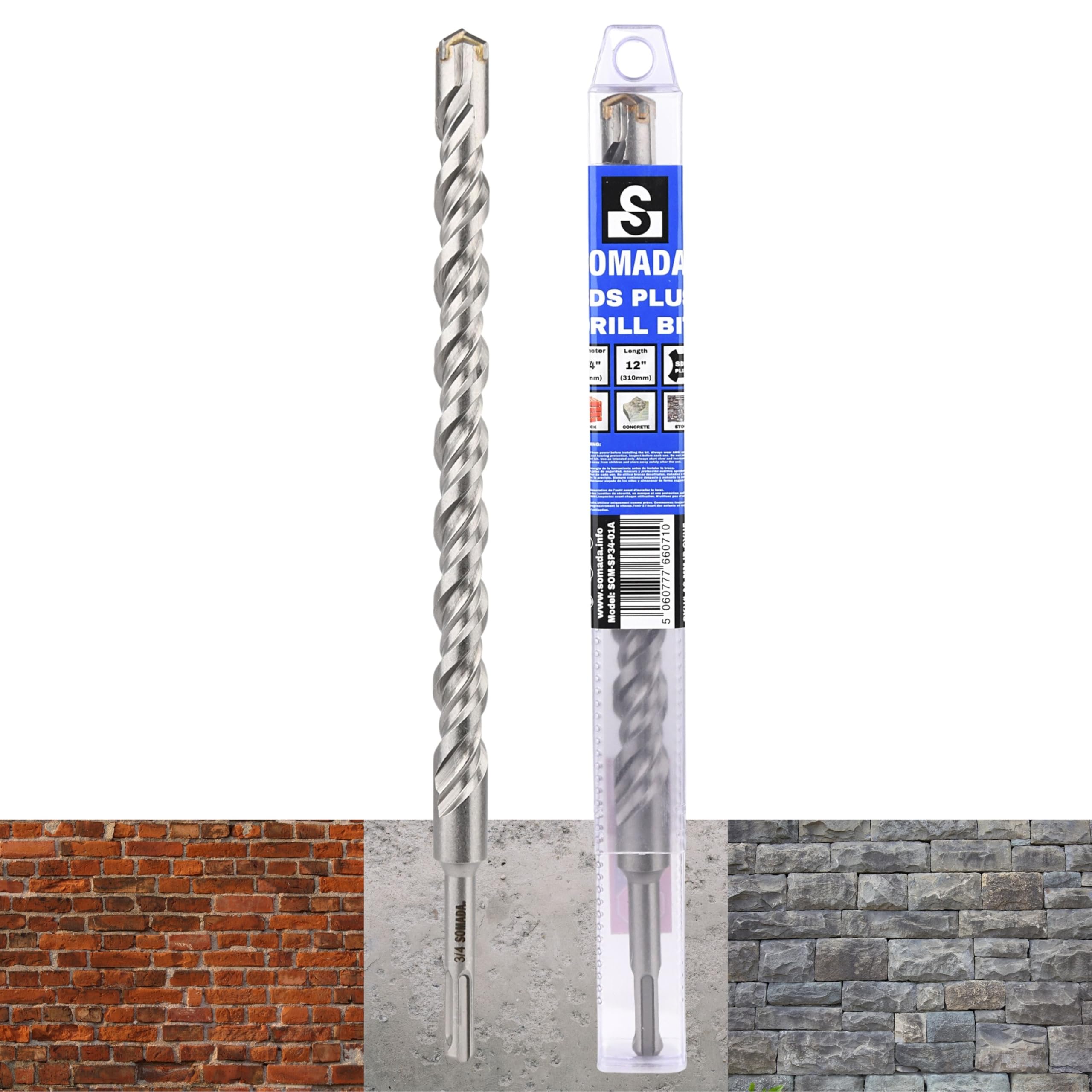 SOMADA 3/4-Inch x 12-Inch SDS Plus Long Drill SDS-Plus Rotary Hammer Drill Bit 4-Cutter Carbide Tip for Concrete, Brick, Stone and Masonry Drilling