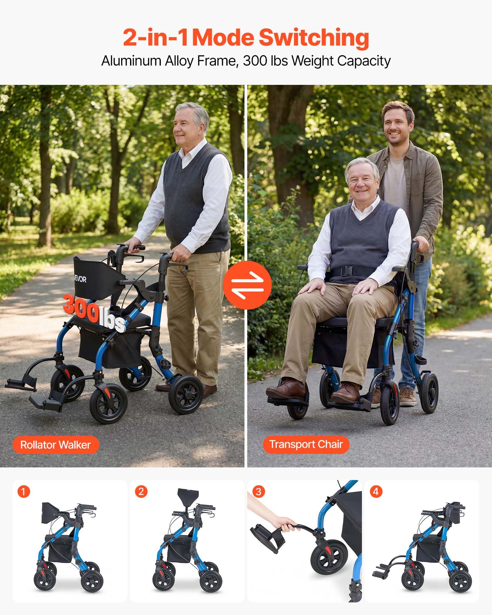 VEVOR Deambulatore e Sedia a Rotelle 2 in 1 per Anziani, Supporto Massimo 136 kg, Ausilio Pieghevole per la Mobilità in Alluminio con Ruote in PU, per Sostegno Camminata Disabili e Persone Anziane