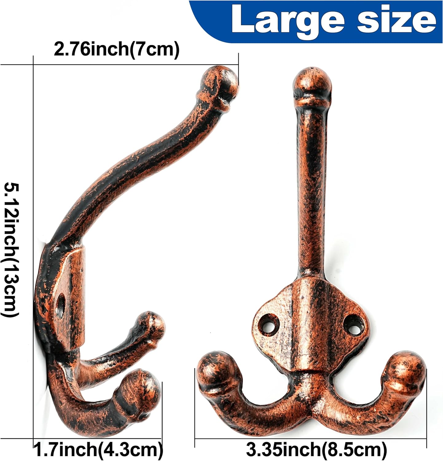 WEBI Rustic Coat Hooks,Cast Iron Triple Hooks for Hanging Heavy Duty Vintage Antique Decorative Wall Hooks for Farmhouse,Closet,Backpack,Robe,Antique Copper,Pack of 5