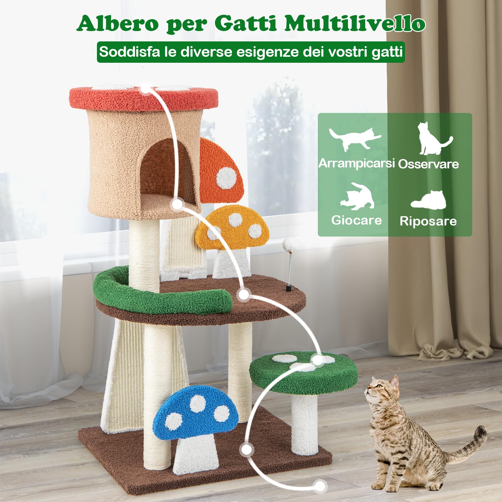 GYMAX Albero Tiragraffi per Gatti a Forma di Fungo, Centro Attività per Gattini (59 x 48 x 102 cm)