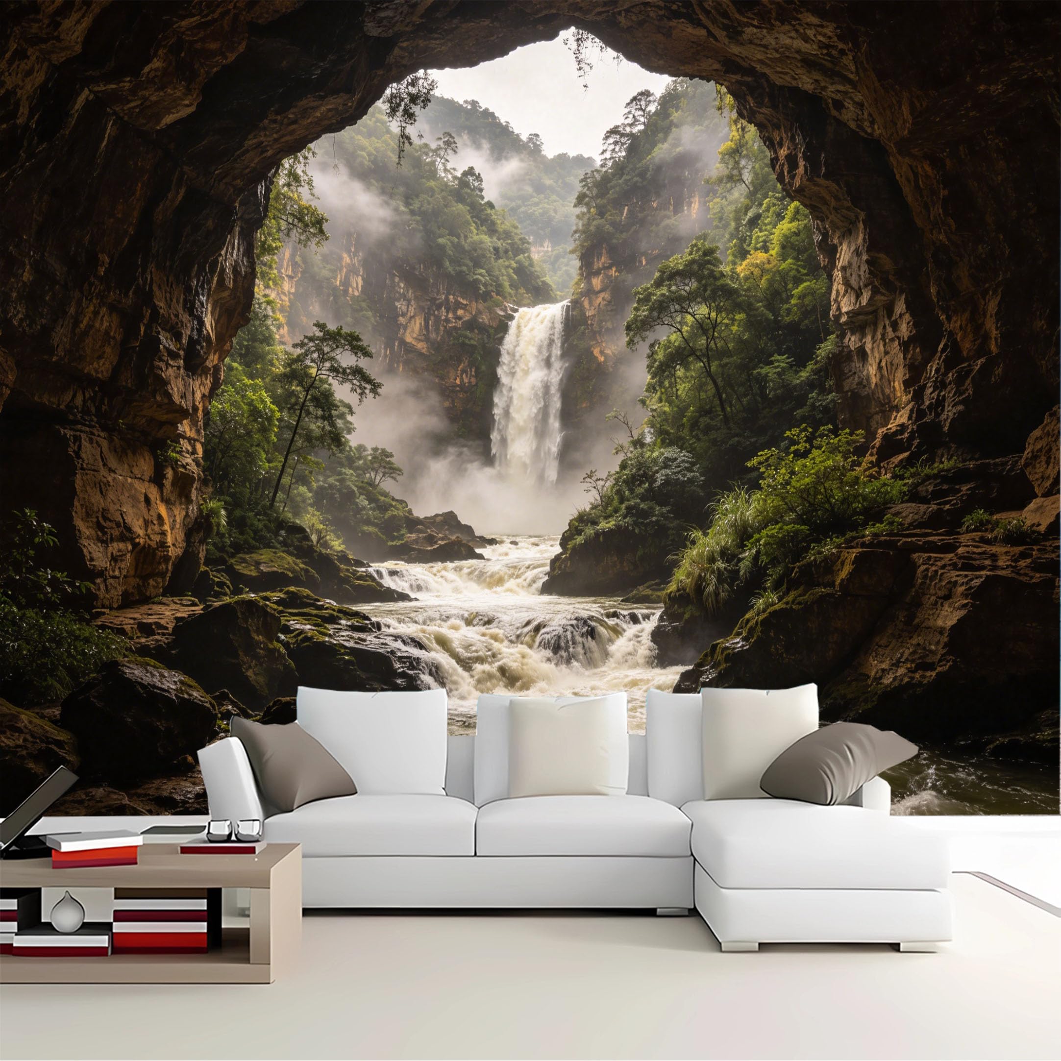 Custom Size Wall Mural Cave View Misty Waterfall Gorge Removable Self Adhesive Peel and Stick Wallpaper for Bedroom Living Room Dining Room