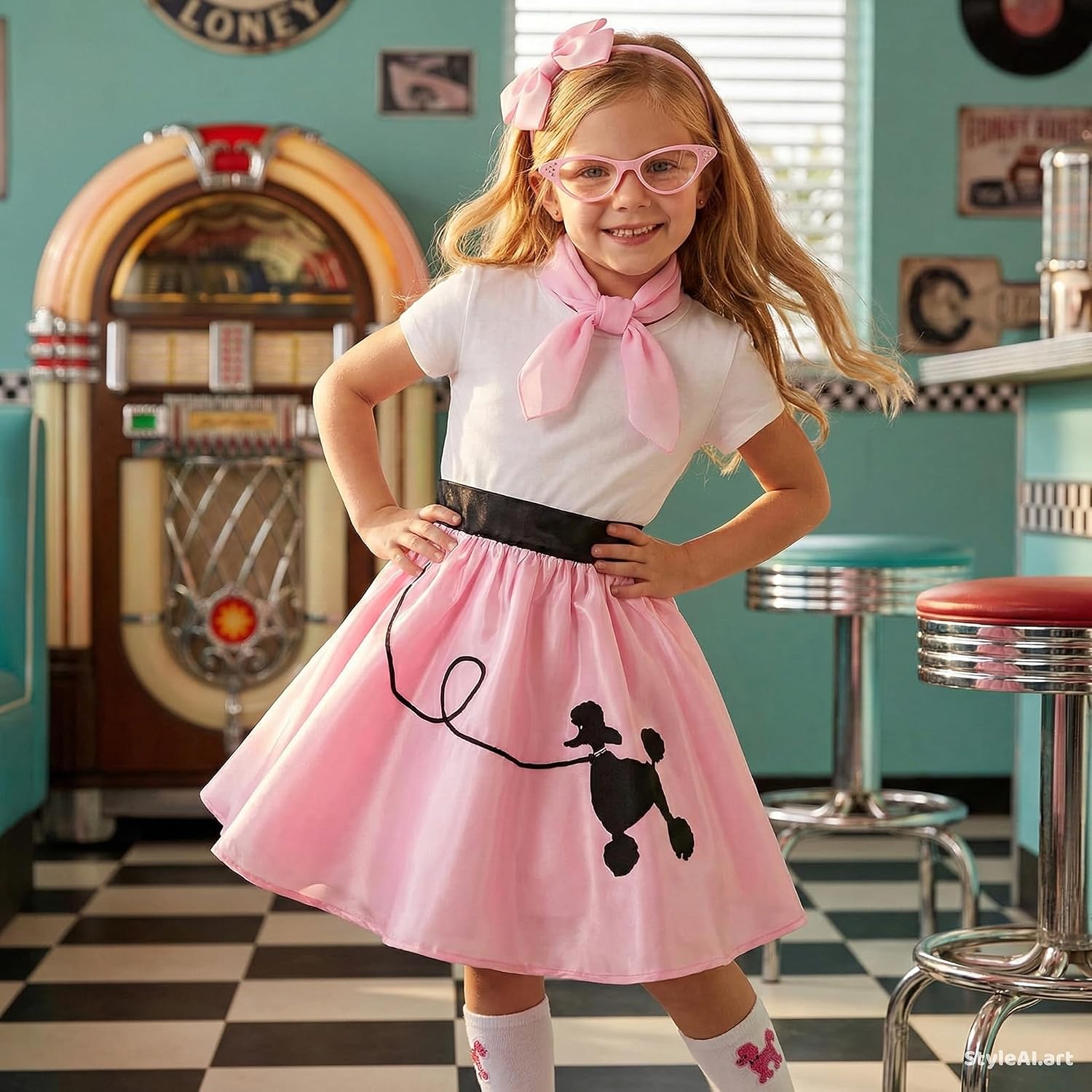 50s Costumes for Girls 1950s Pink Poodle Skirt Set with Eye Glasses Scarf Headband Socks for Kids Halloween Costume