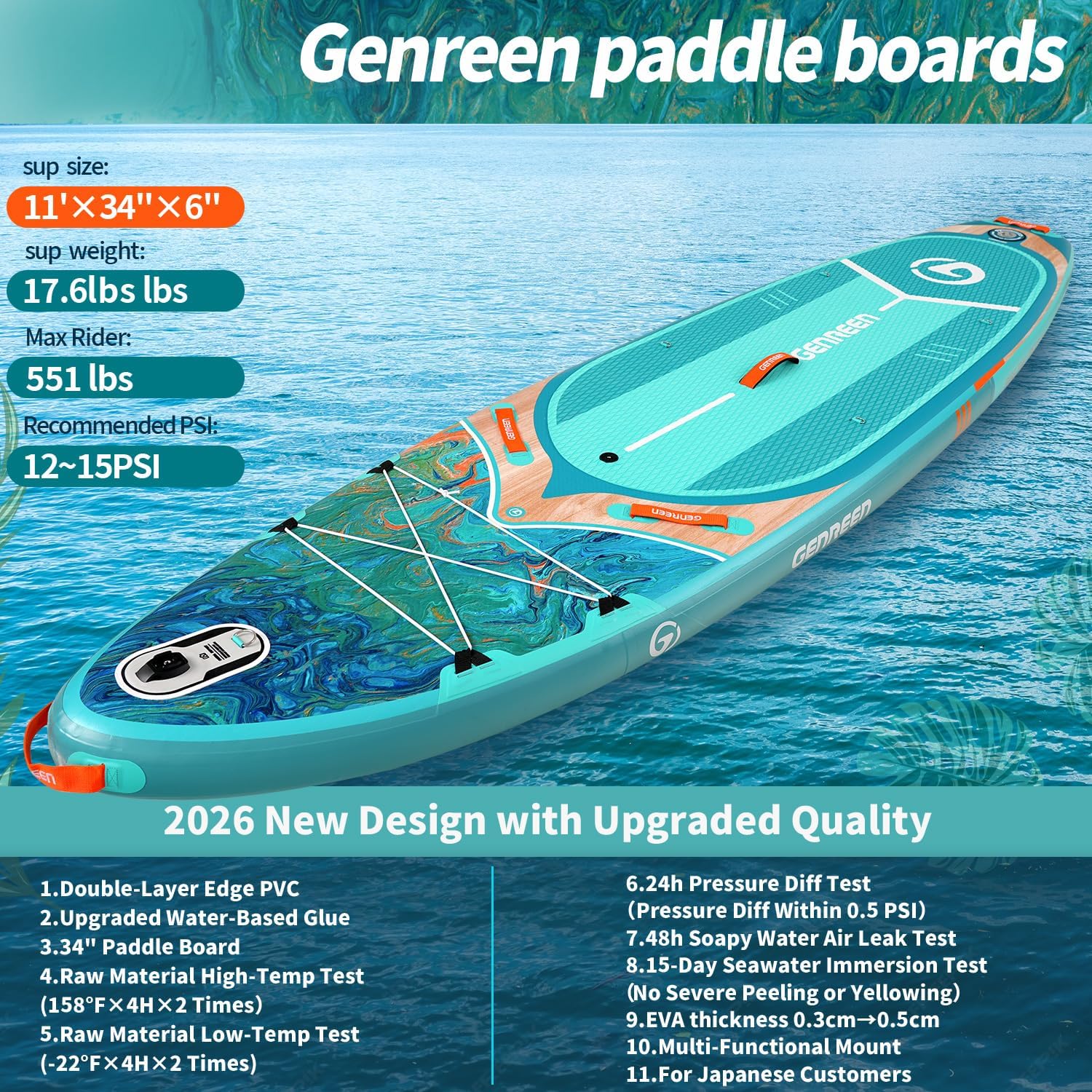 Paddle Board Stand up Paddle Board (Extra Large 11'*33/34") Newly Improved 2 Side Layers 450LBS Quality Inspection×5 paddleboards Fishing Family Pet Friendly