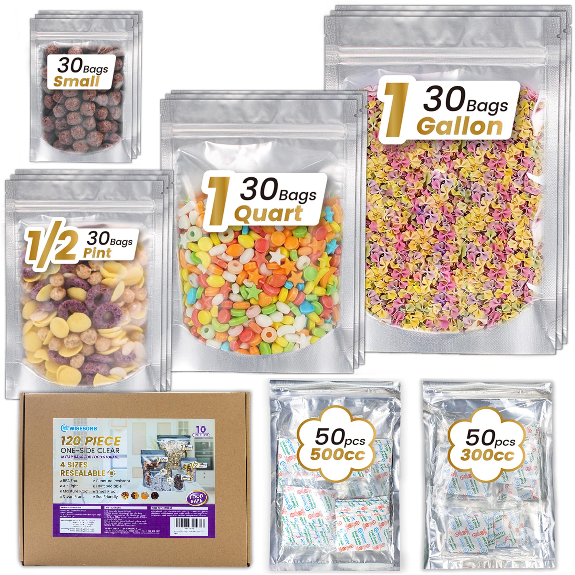 120pcs Mylar Bags for Food Storage with Oxygen Absorbers 300cc 500cc (50 Packs Each), Resealable Pouches 4 Sizes Mix Bundle 30 Each (10x14, 7x10, 5x7, 4x6 Inches), Stand Up with Clear Window