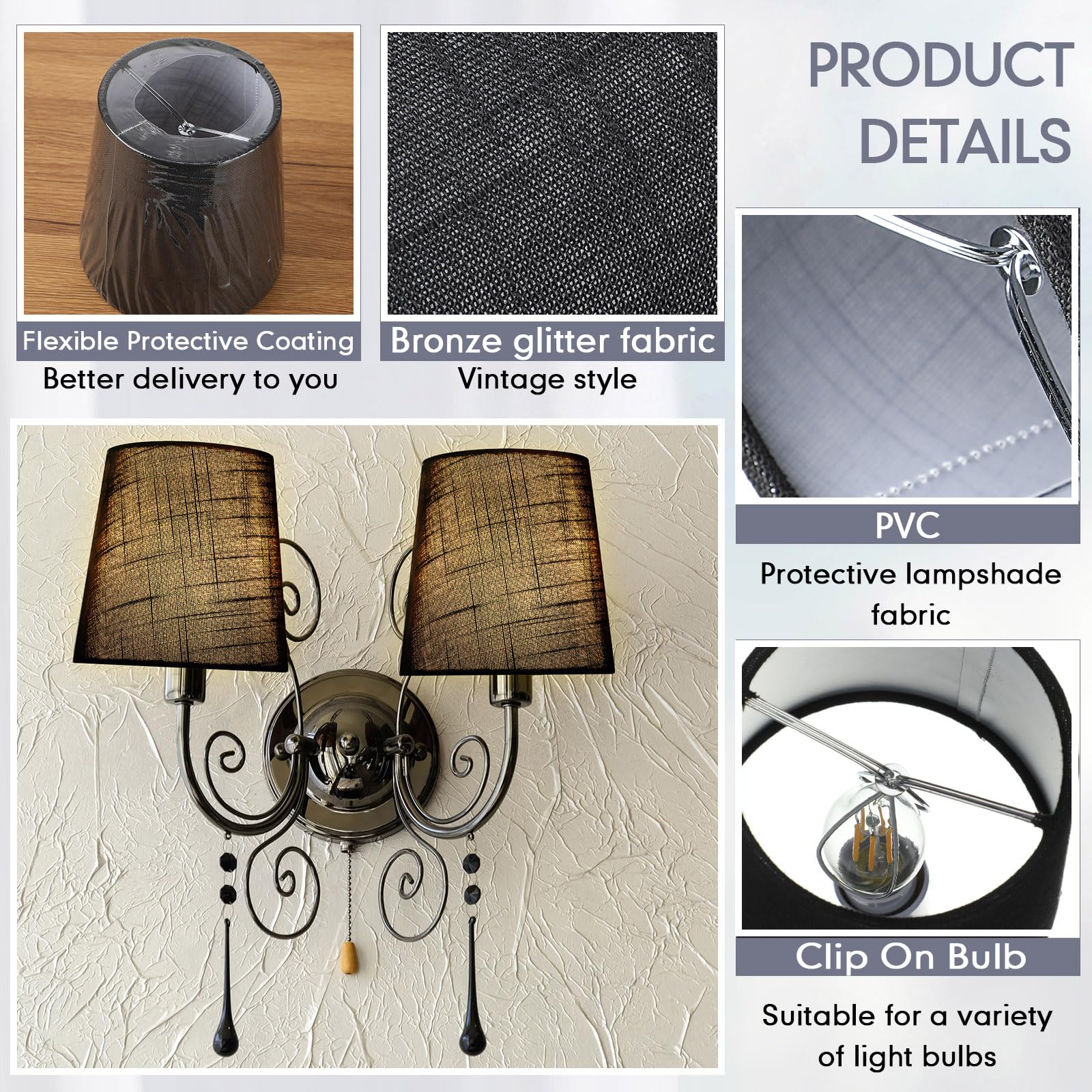10-Pack Small Linen Lamp Shades - 4x5x5 Inch Barrel Style, Clip-On For Chandeliers & Table Lamps (Black)