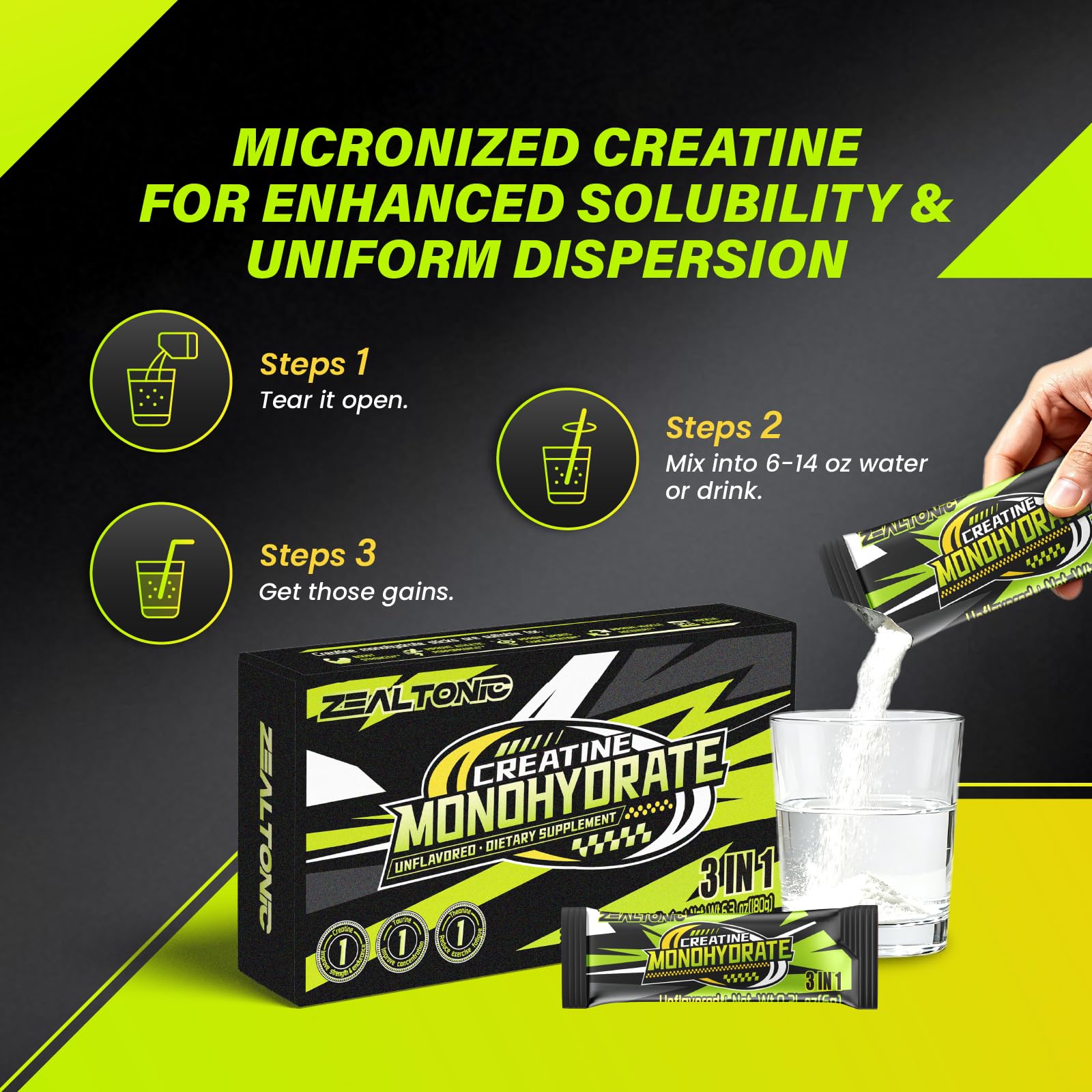 3-in1 5000mg Creatine Monohydrate Stick Packs with 800mg of Taurine, and 200mg of L-theanine Supports Strength, Lean Muscle, & Recovery for Men & Women Creatine Packets (30) — Amazon image 4