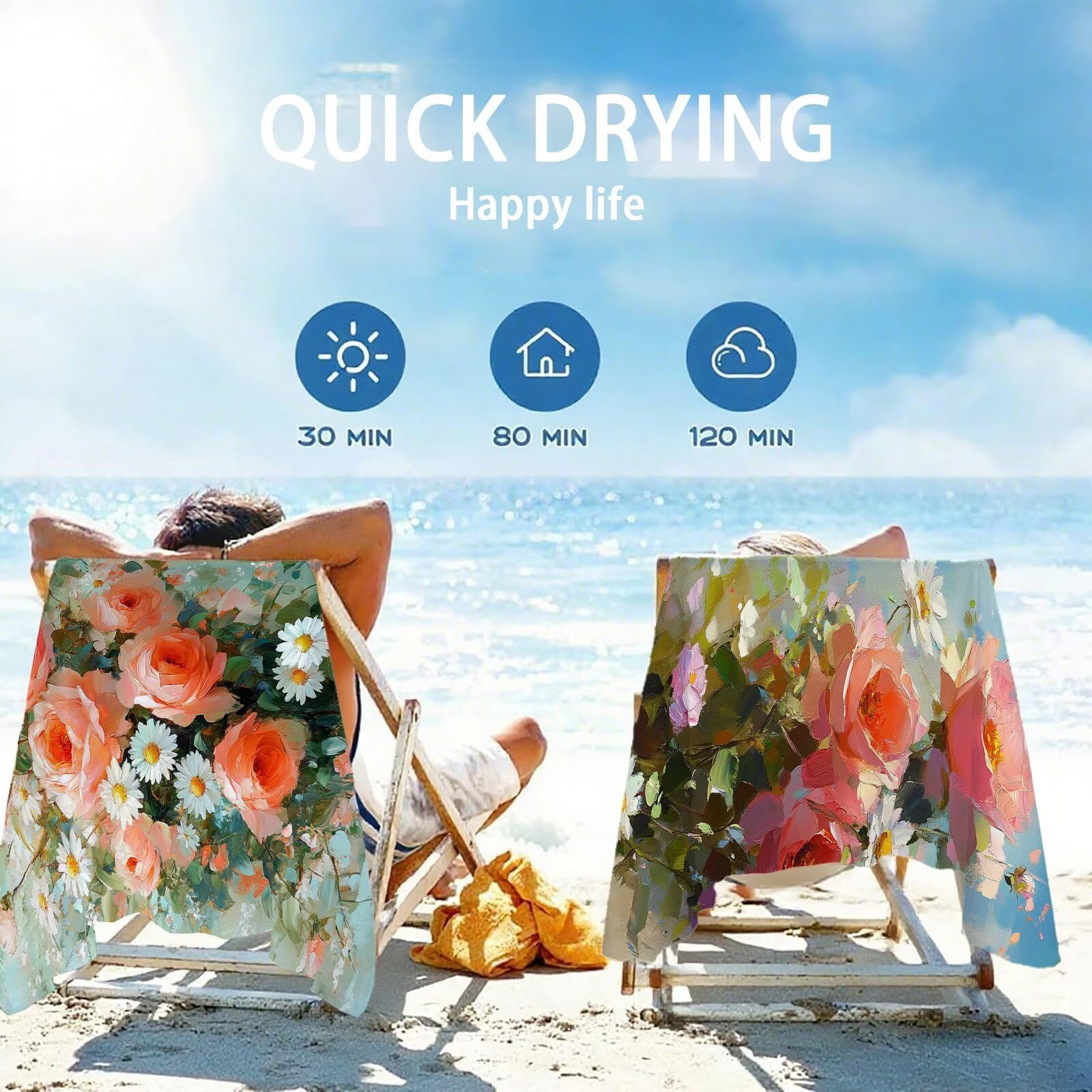 Ręcznik plażowy z mikrofibry, motyw kwiatowy, stokrotki, ręcznik plażowy XXL, 100 x 200 cm, 2 sztuki, nie zawiera piasku, super chłonny ręcznik do pływania, na podróż, urlop, do leżenia, ogrodu, na