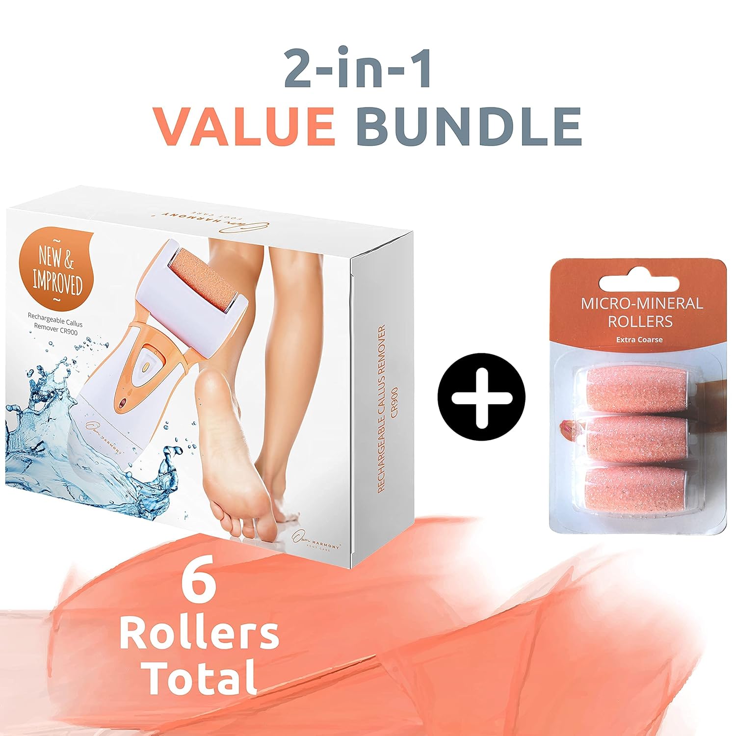 Own Harmony Electric Callus Remover for Feet and 6 Rollers Bundle: Professional Feet Care for Women, CR900 Rechargeable Foot Grinder & Electronic Foot File Pedi Sander for Cracked Heels & Hard Skin