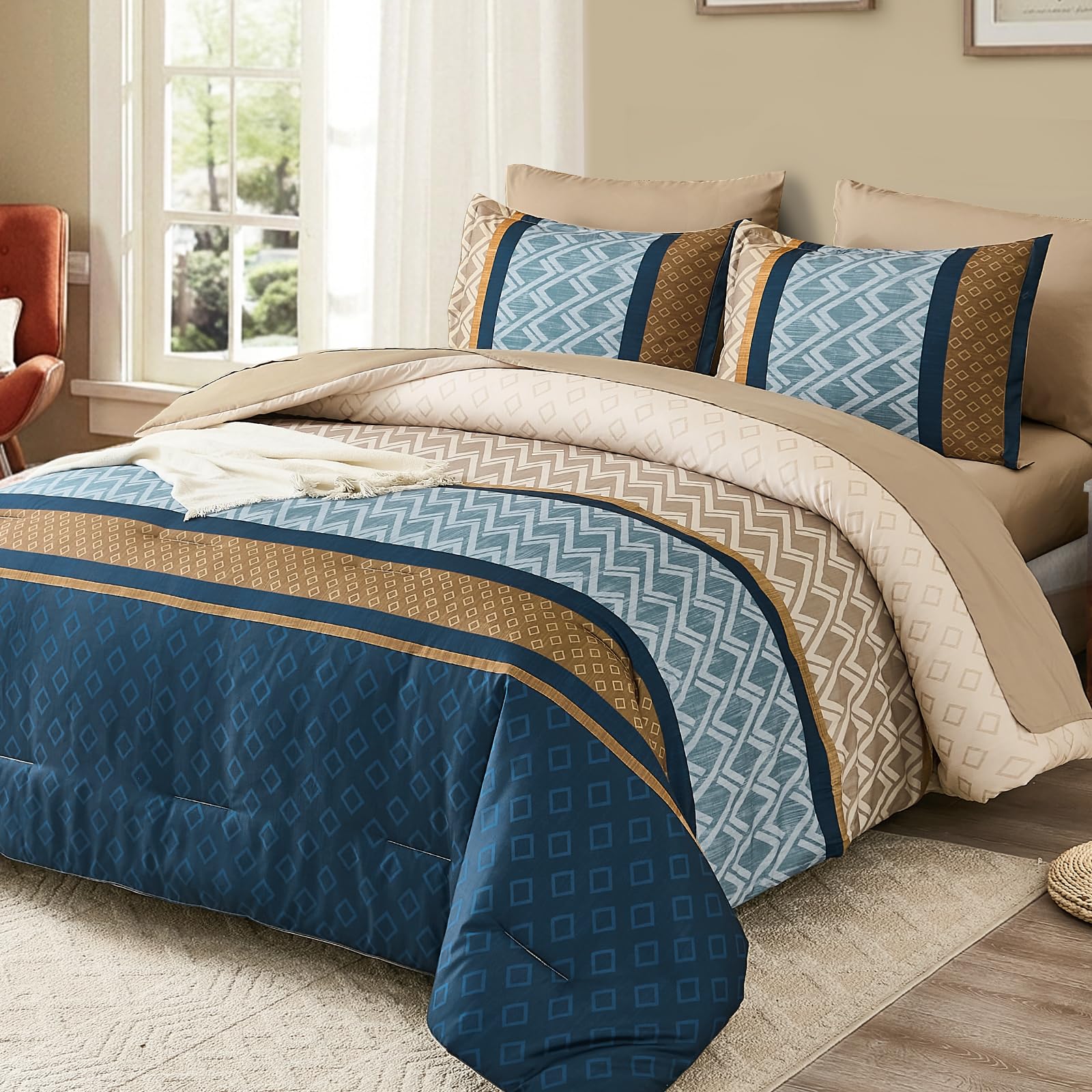Cottolester King Comforter Set in Blue and Brown Stripes
