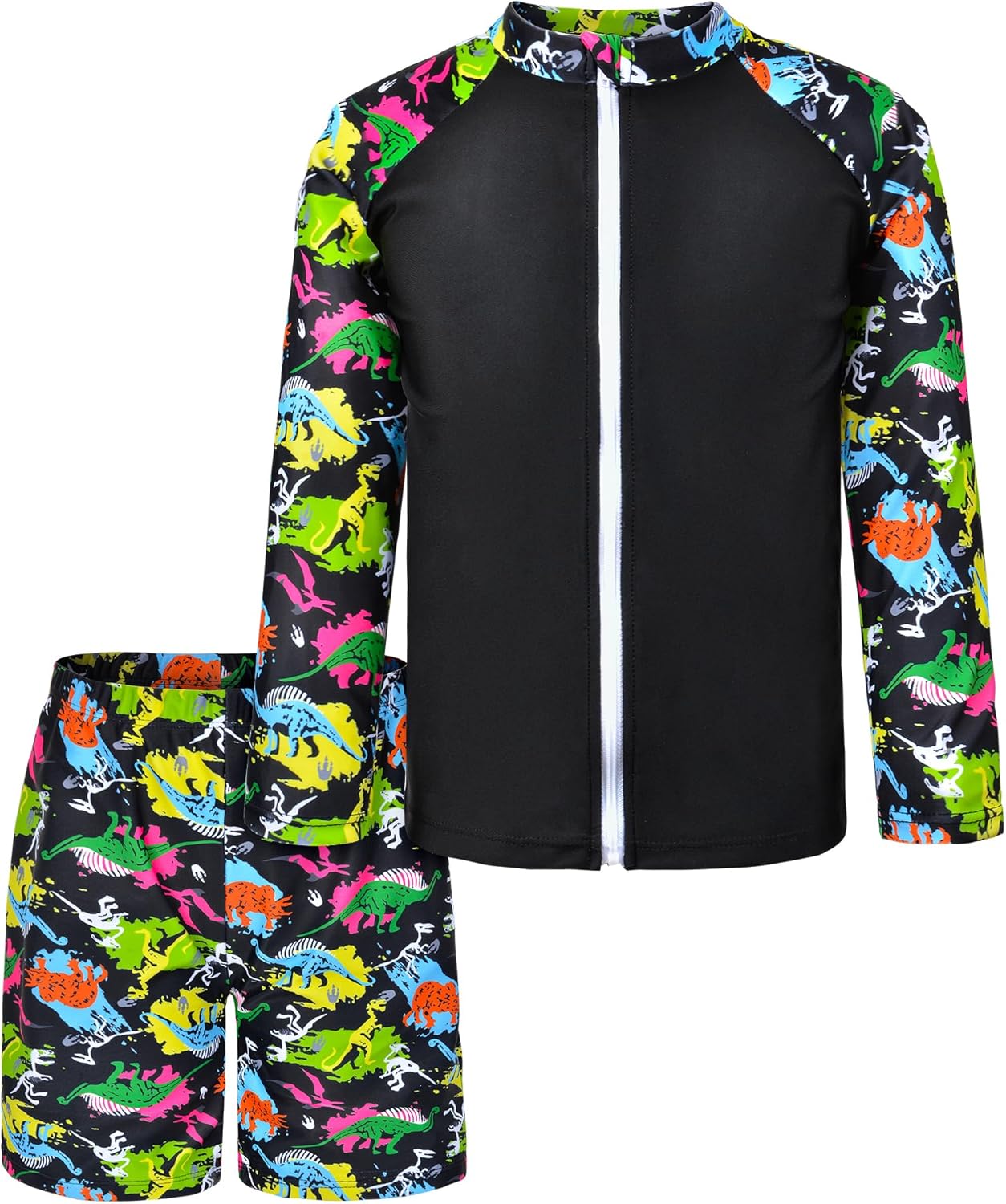 Boys Two Piece Rash Guard Swimsuits Long Sleeve Zipper Swim Shirt and Trunks Bathing Suit Swimwear Set