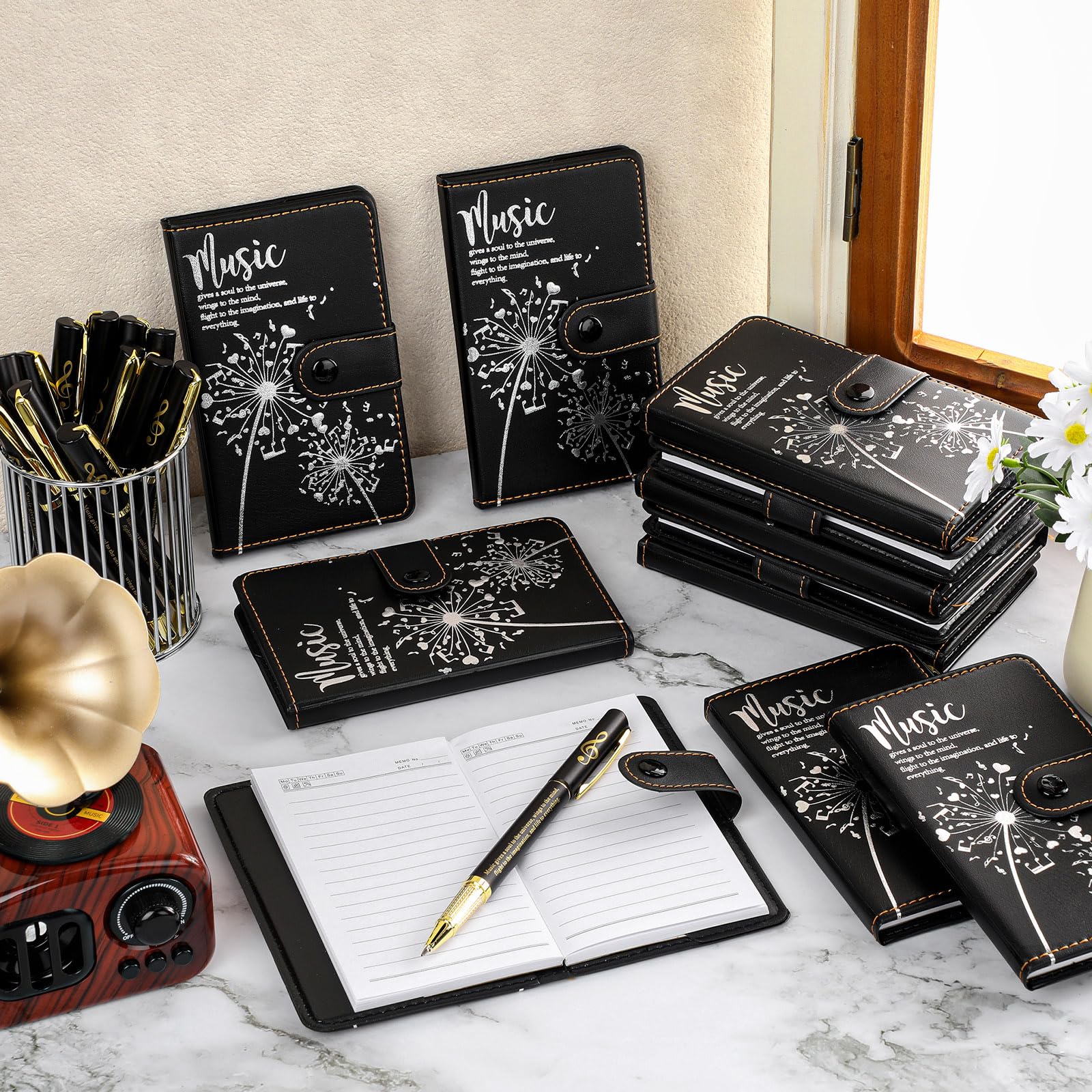 Gueevin 15 juegos de música para el regreso a clases, regalos para estudiantes, miembros del coro, cuaderno de cuero con temática musical inspiradora con bolígrafo de piano, regalo de afirmación para