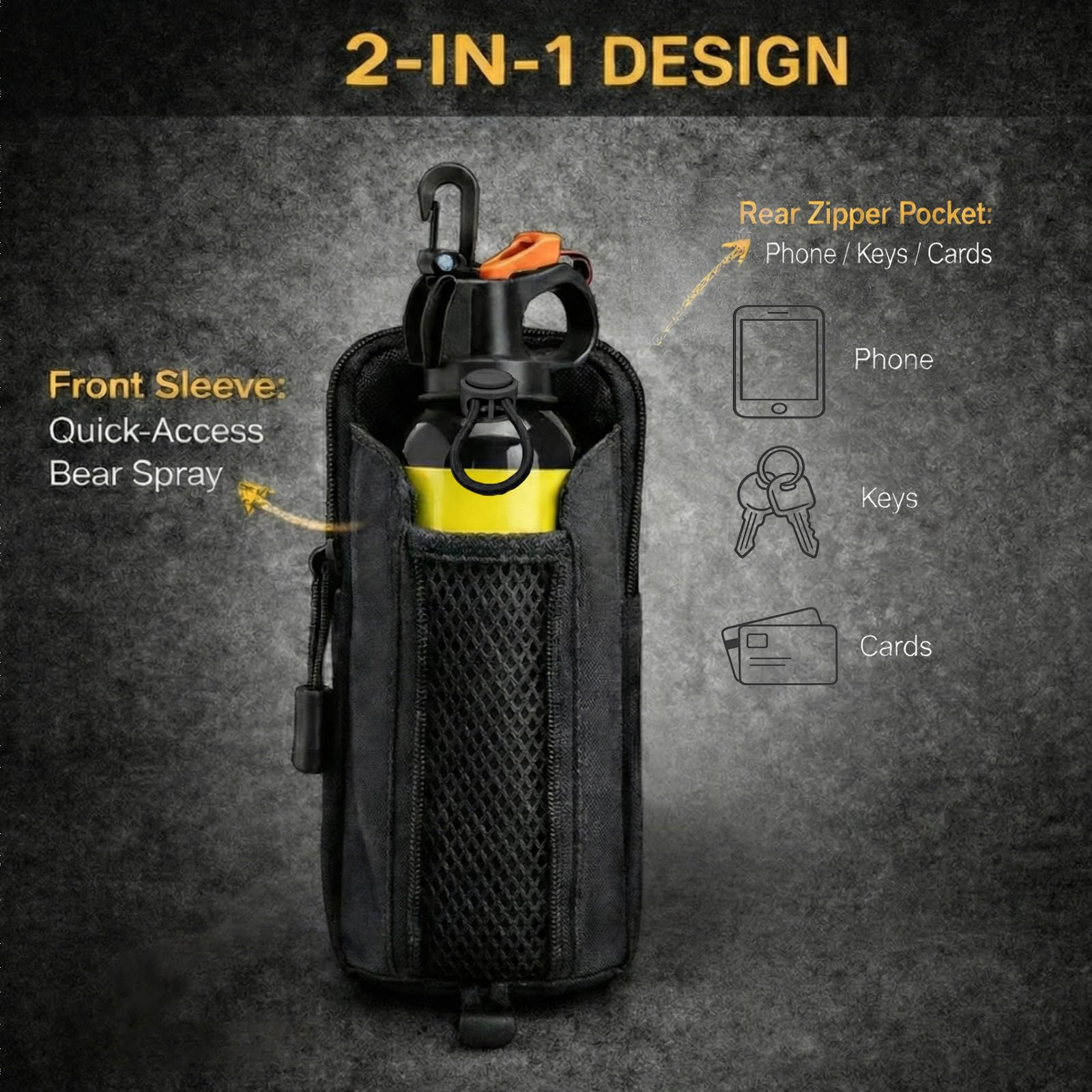 2-in-1 Bear Spray Holster with Zipper Phone Pocket, Fits 7.9-9.2oz Canisters, Nylon Bear Spray Holder for Belt & Backpack, Strong Elastic Tactical Gear for Hiking Camping Hunting - 3