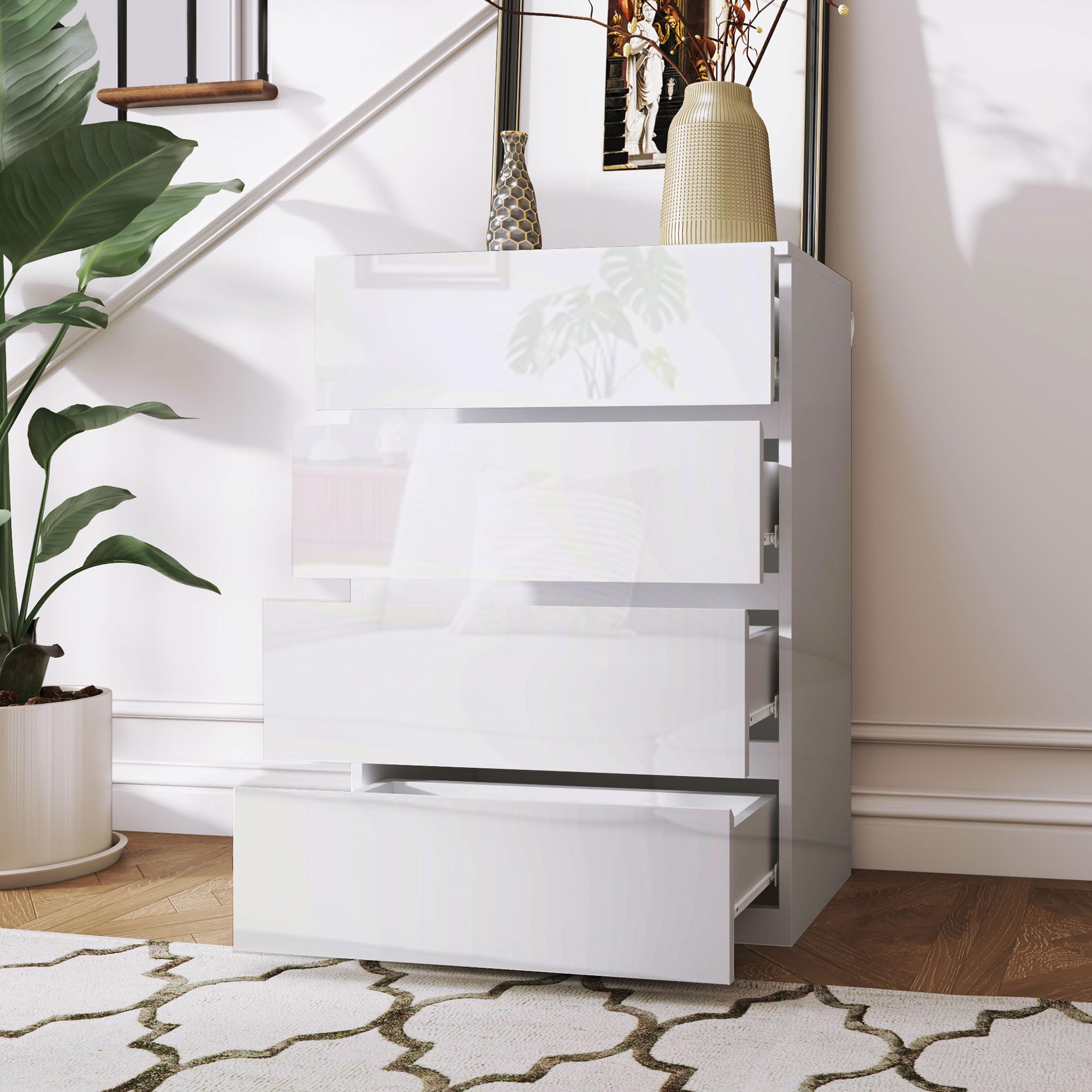 HOMCOM Cómoda con 4 Cajones Cómoda de Dormitorio Moderno con Diseño Anti-vuelco Cajonera para Salón Pasillo 55x33x80 cm Blanco Brillante