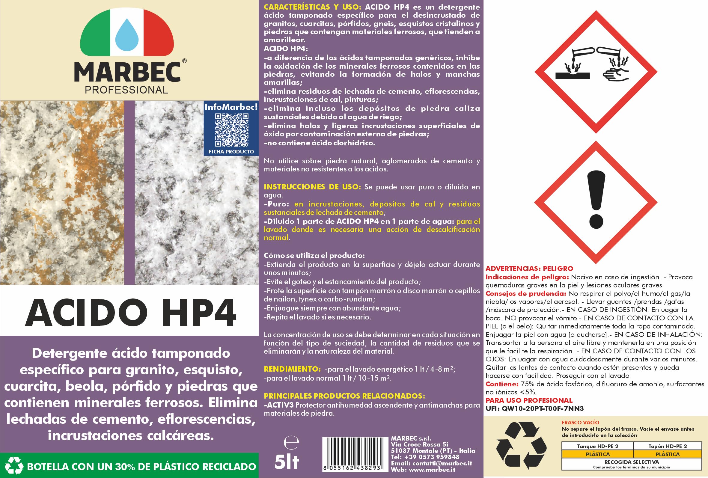 MARBEC ACIDO HP4 5LT Desincrustante específico para suelos de granito, cuarcita, pórfido y piedras con minerales ferrosos.