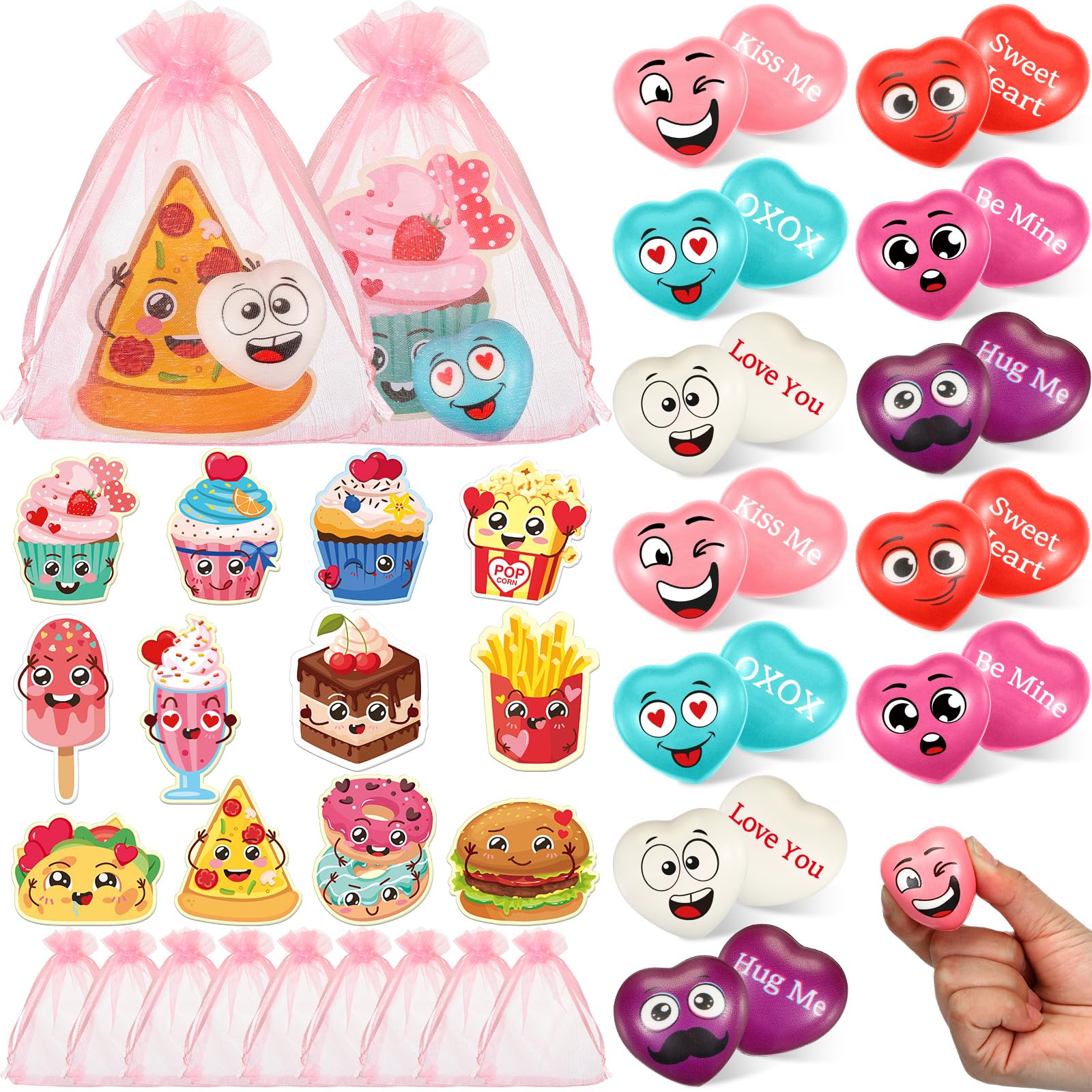 Halloscume 60 Pcs Valentines Day Stress Balls Gifts Bulk 1.6 Inch Cute Smile Face Heart Shape Stress Relief Balls with Funny Food Theme Cards Organza Bags for Kids Classroom Valentines Party Favors