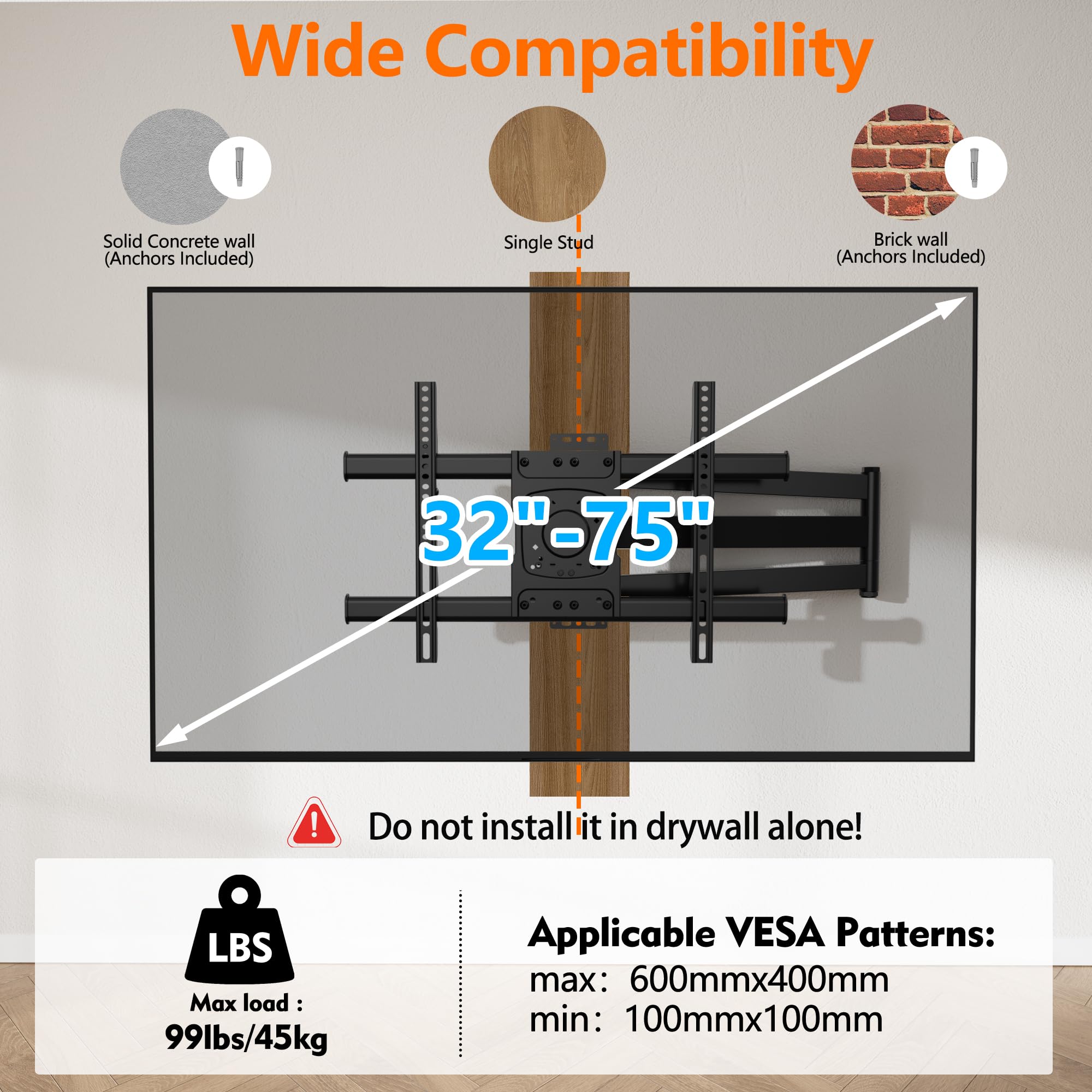 Supporto TV Parete con Portata Lunga da 83,8cm, Staffa da Parete per TV Angolare Inclinabile e Girevole per Installazione ad Angolo/Piatta Adatta per TVs da 32-75 Pollici fino a 45kg, VESA 600x400mm