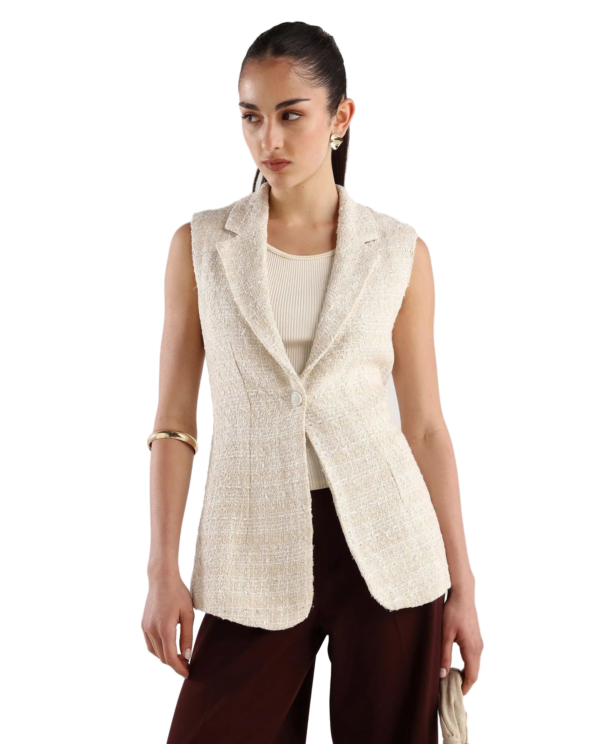 Fitted Solid Beige Polyester Blend Sleeveless Lapel Coat-image-8