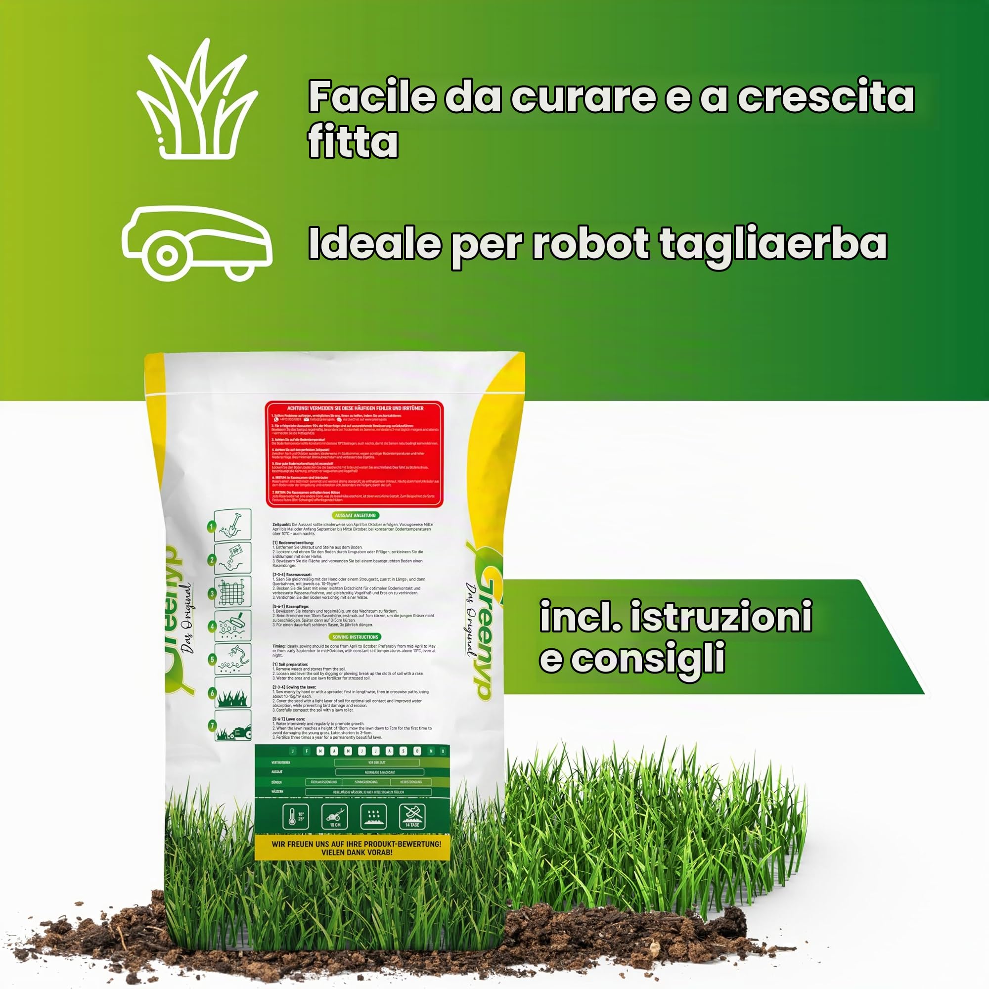 Greenyp® - Semi di erba decorativa di alta qualità, per prato da sogno, semi di erba, particolarmente densi, 5 kg per 200 m²