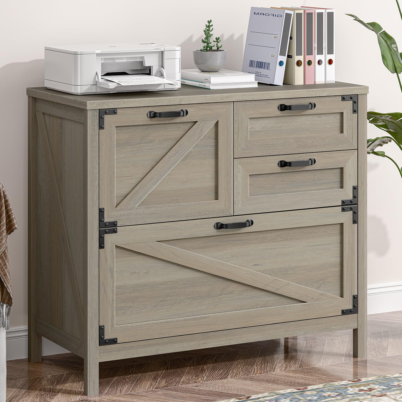 Wood Lateral File Cabinet with 4-Drawer for Hanging Files Letter/A4/Legal Size, Large Farmhouse Filing Cabinets for Home Office, Printer Stand with