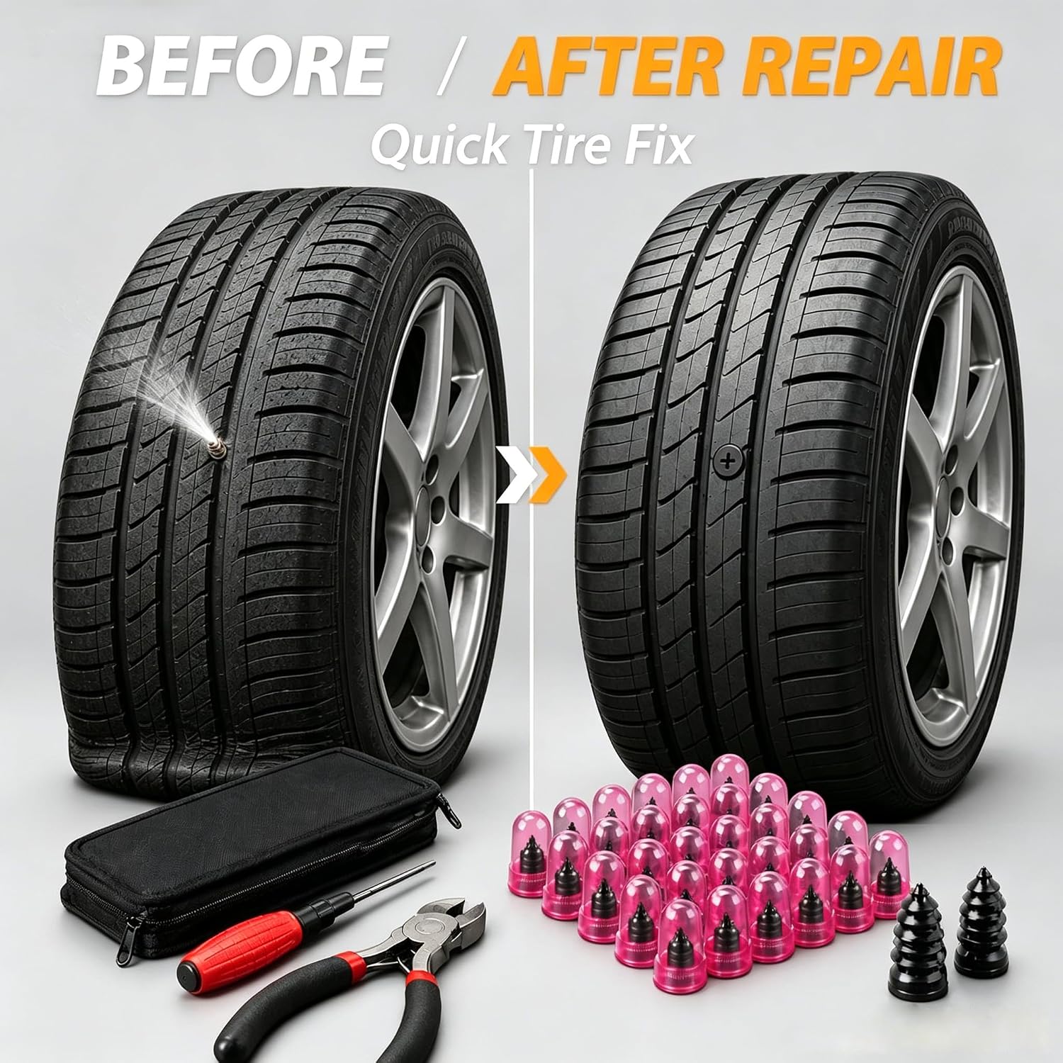 Tire Repair Rubber Nail Kit, 62 Pcs Spiral Rubber Screws for Tubeless Puncture Repair, Fast Self-Service Emergency Tool with Screwdriver and Pliers for Car, Truck, Motorcycle, ATV, SUV