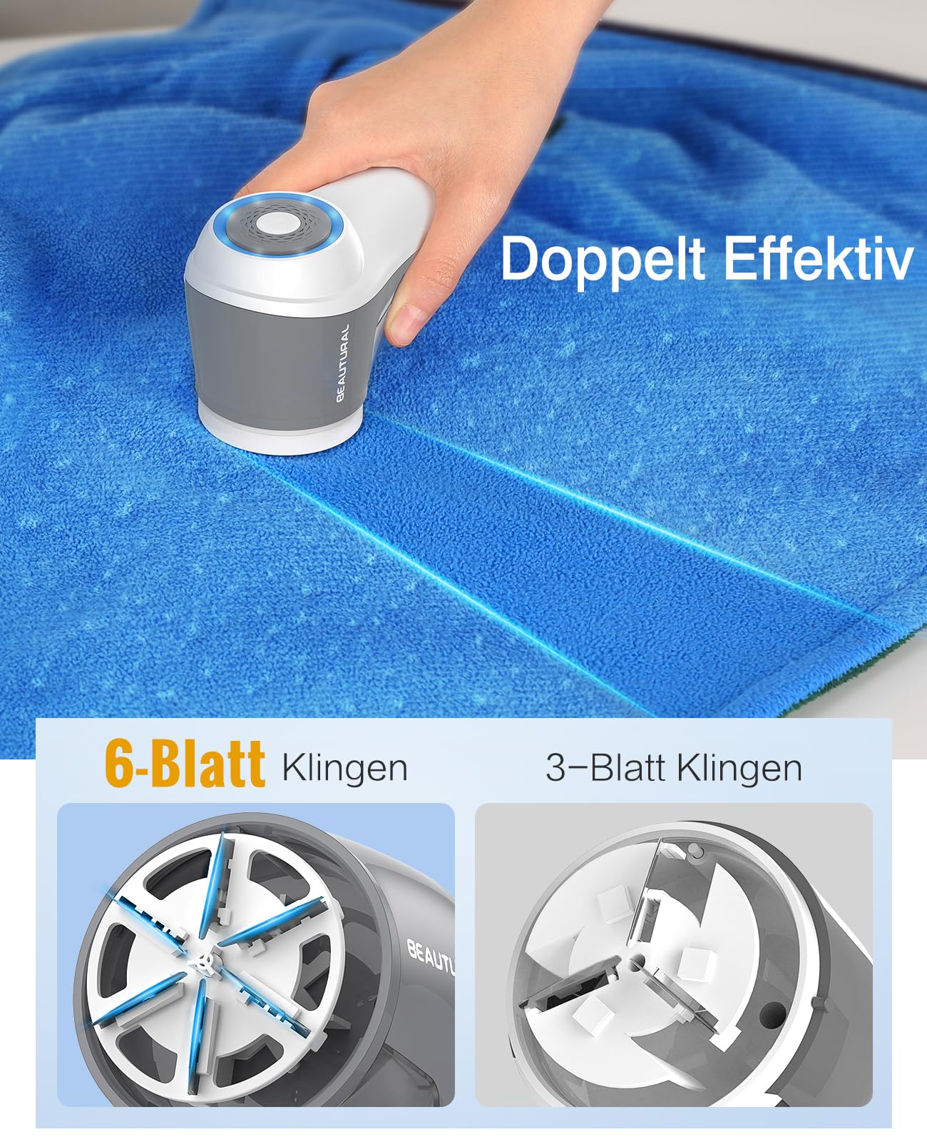 BEAUTURAL Lint Shaver, Rechargeable Electric Lint Remover, 6 Blades Wool Shaver with 9000 rpm, Powerful for Clothes, Upholstery, Blankets, Textiles - 4