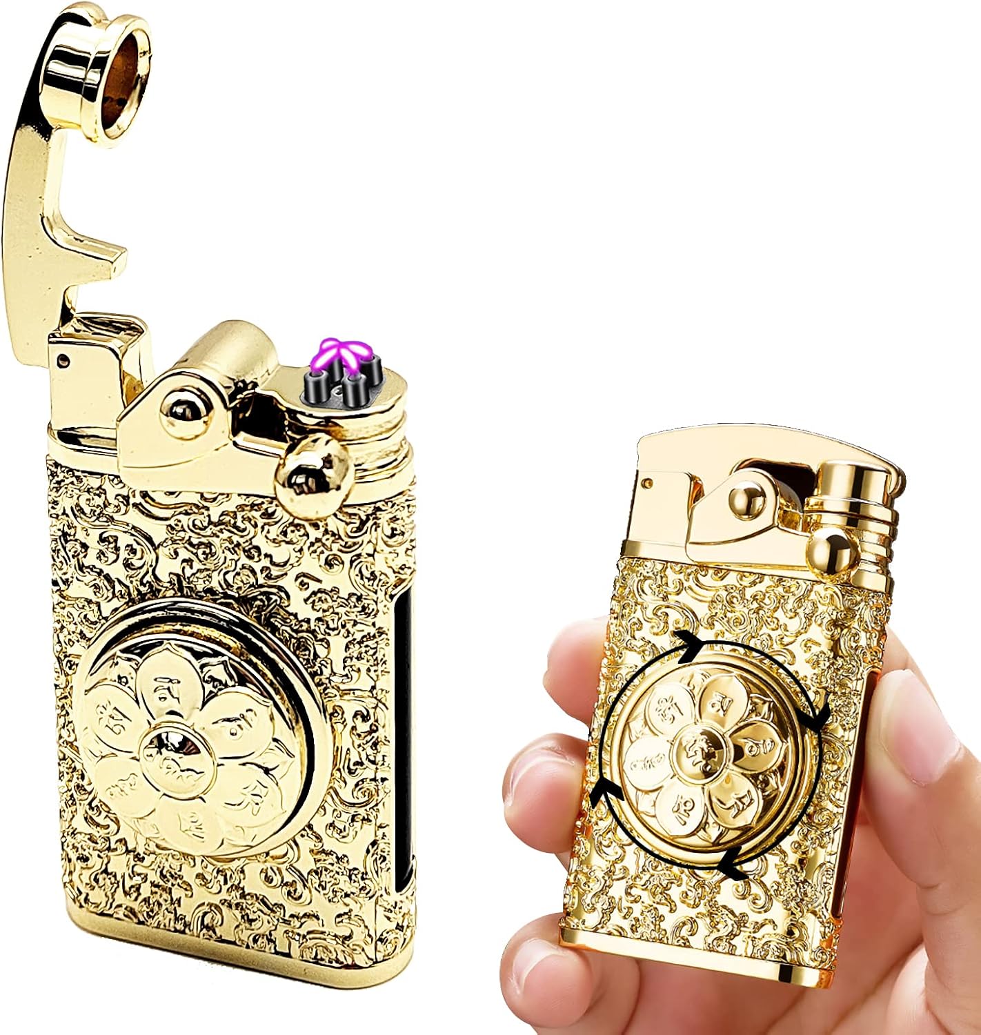 Electric Lighter USB Rechargeable Lighter, Windproof Plasma Dual Arc Lighters, Personalized Lighters, Flameless Cool Lighteres with LED Battery Indication for Candles, Outdoor Camping (Golden)