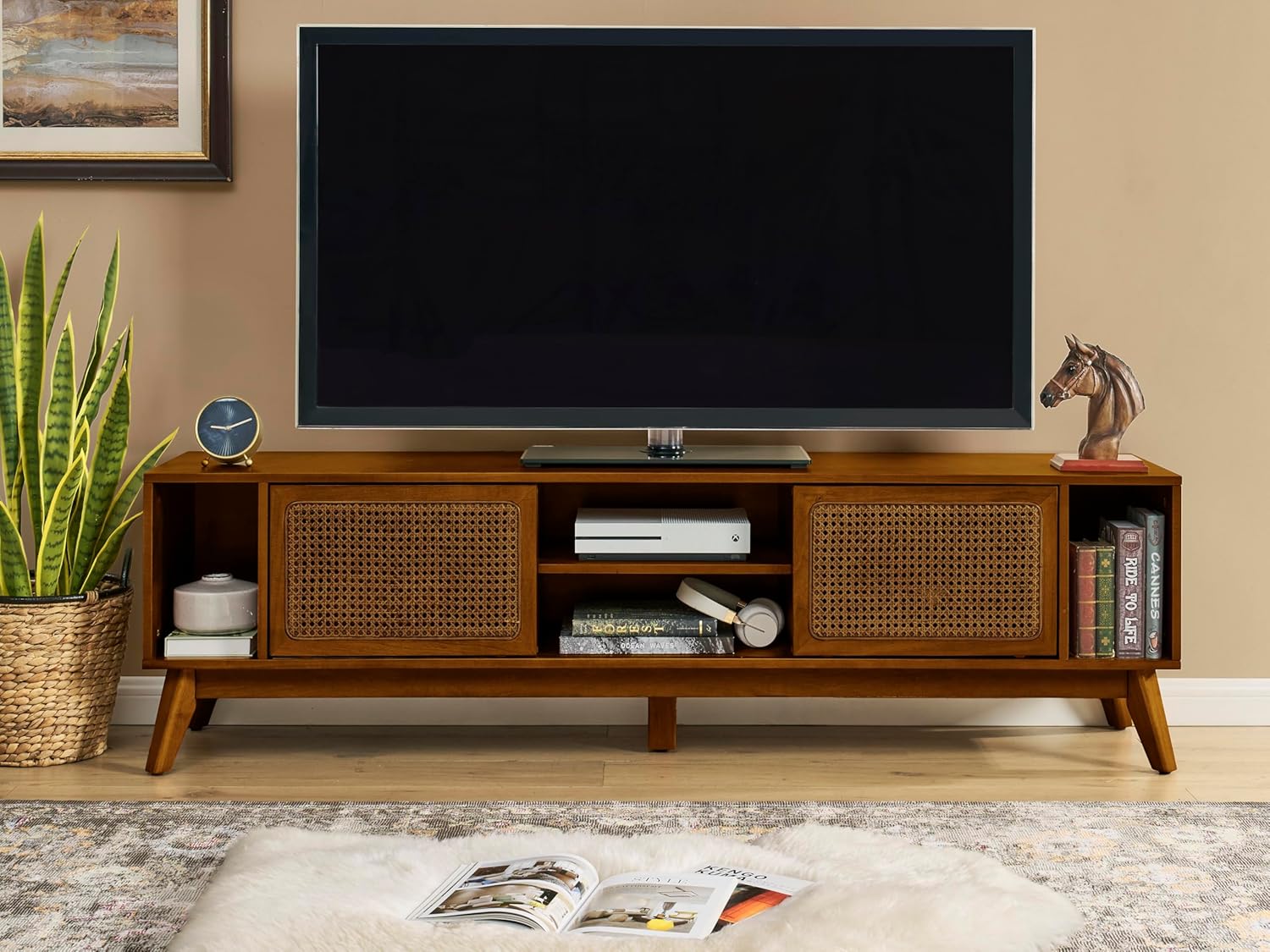 LKTART 68 Inch Mid Century Modern TV Stand with Rattan Doors, MCM Entertainment Center Media Console for 60/65/70/75 inch TVs, Long Boho Television Stand for Living Room, Light Walnut 68" Light Walnut