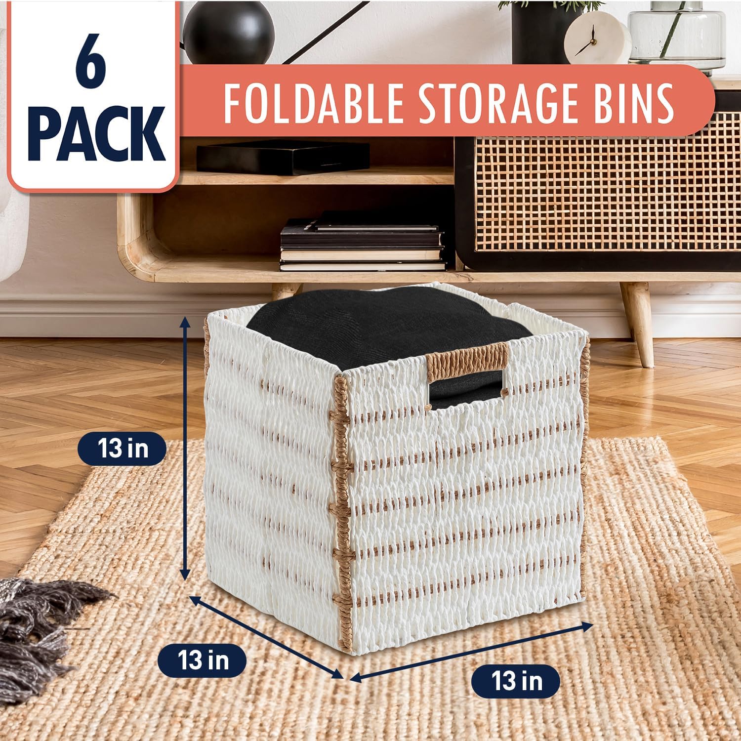 Ornavo Home Wicker Storage Cubes Bin, 13 x 13 Inch Storage Cubes Shelf Basket Collapsible Natural Hand Woven Paper Kallax Storage Cube Bin with Handles - Set of 6, White/Brown