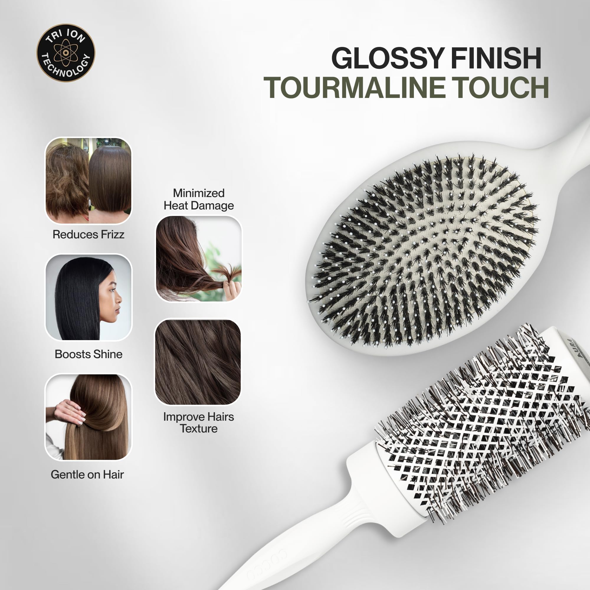Cocco Aura Brush Set Blanco 4pz - set de cepillos | Paleta de cerámica, secado y control de encrespamiento, cerdas de turmalina, agarre ergonómico, juego completo de estilo