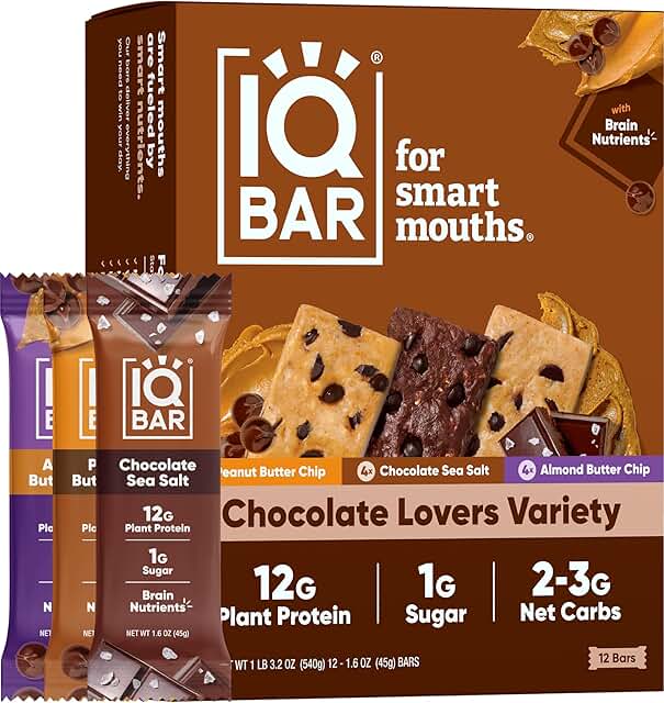 IQBAR Brain and Body Plant Protein Bars - Chocolate Lovers Variety - 12-...