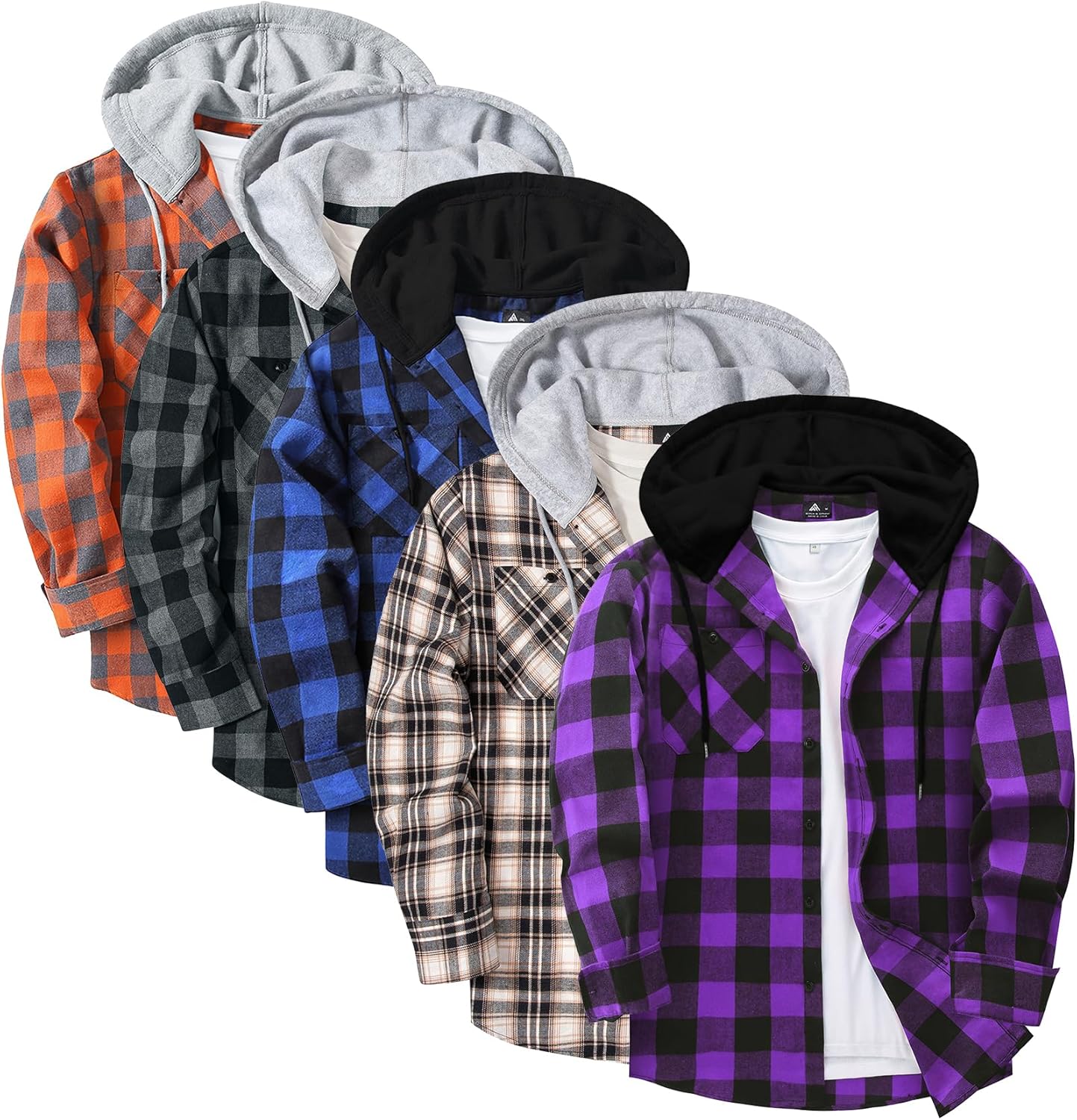 ZITY 5 Pack Men's Flannel Hoodie Shirts Button Down Long Sleeve Casual Stylish Plaid Hooded Shirt with Pocket
