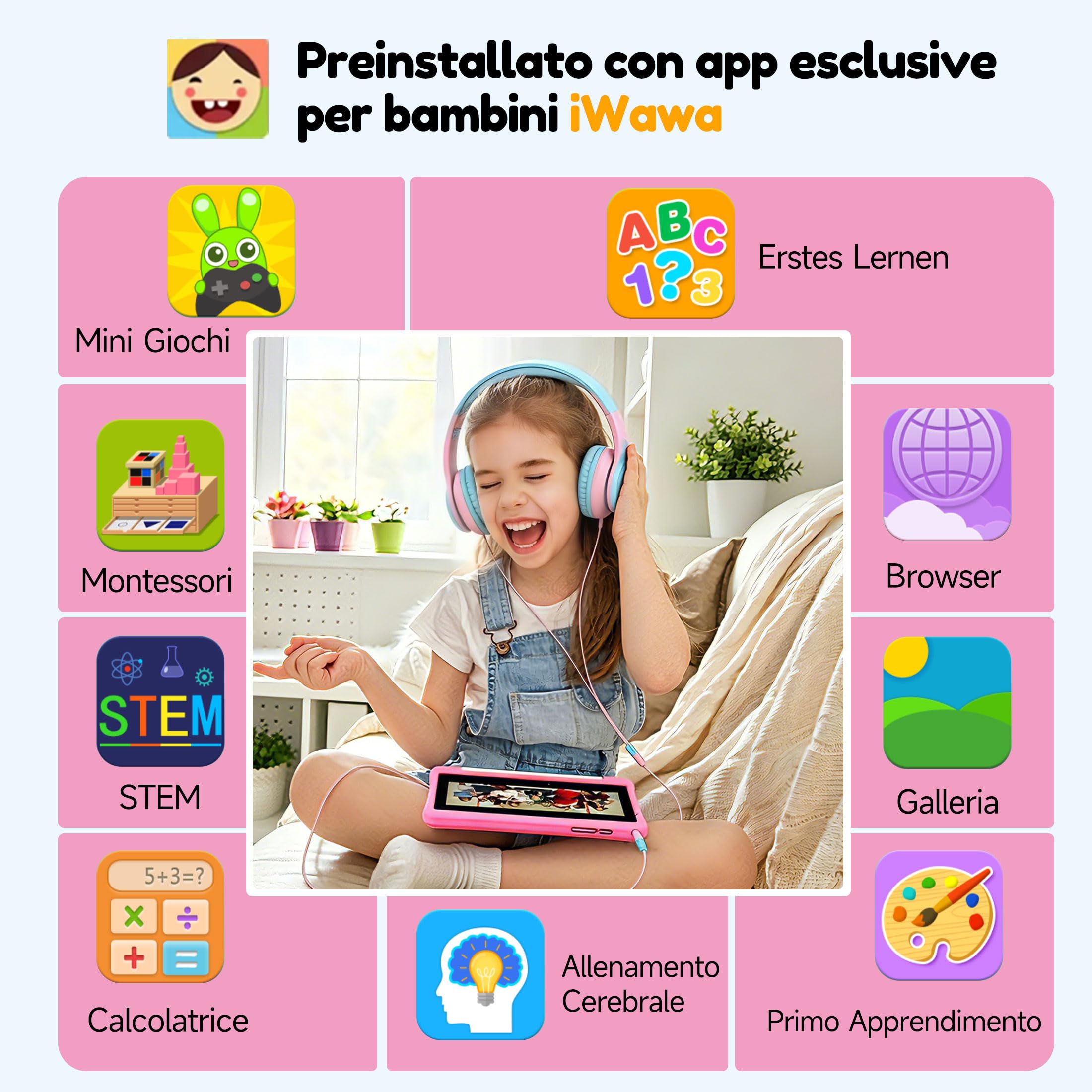 ALLDOCUBE Kido Tablet Per Bambini 8 Pollici, Android 15 Go, 32GB ROM, Rosa | Controllo Parentale, iWaWa preinstallato, 512GB TF, Unisoc T310, 5000mAh, 2 Altoparlanti, Jack 3,5mm, Cover Anticaduta