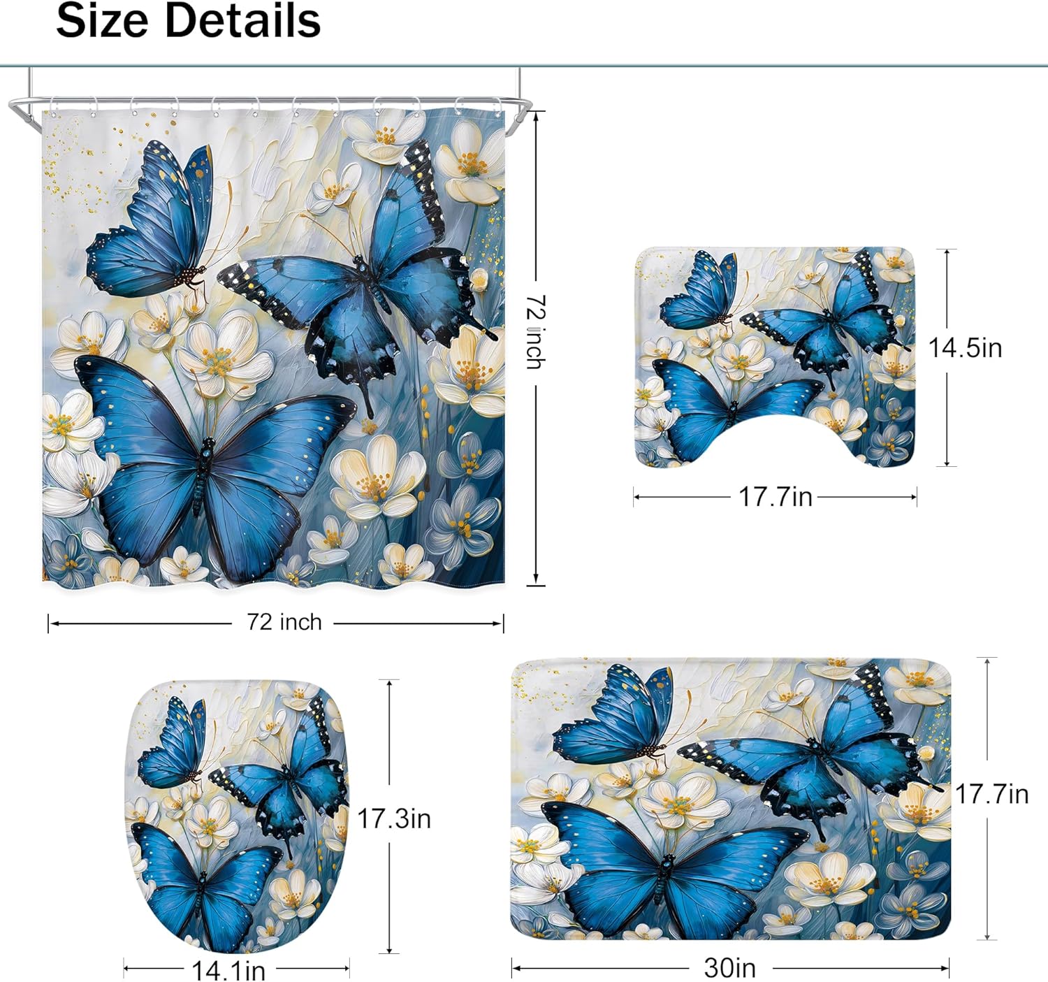 4 PCS Blue Butterfly Shower Curtain Set 72Wx72H Inch Spring Floral Flower Complete Bathroom Set Non-Slip Bath Rug Toilet Lid Cover and U Shape Mat Accessories 12 Hooks Bathoom Decor