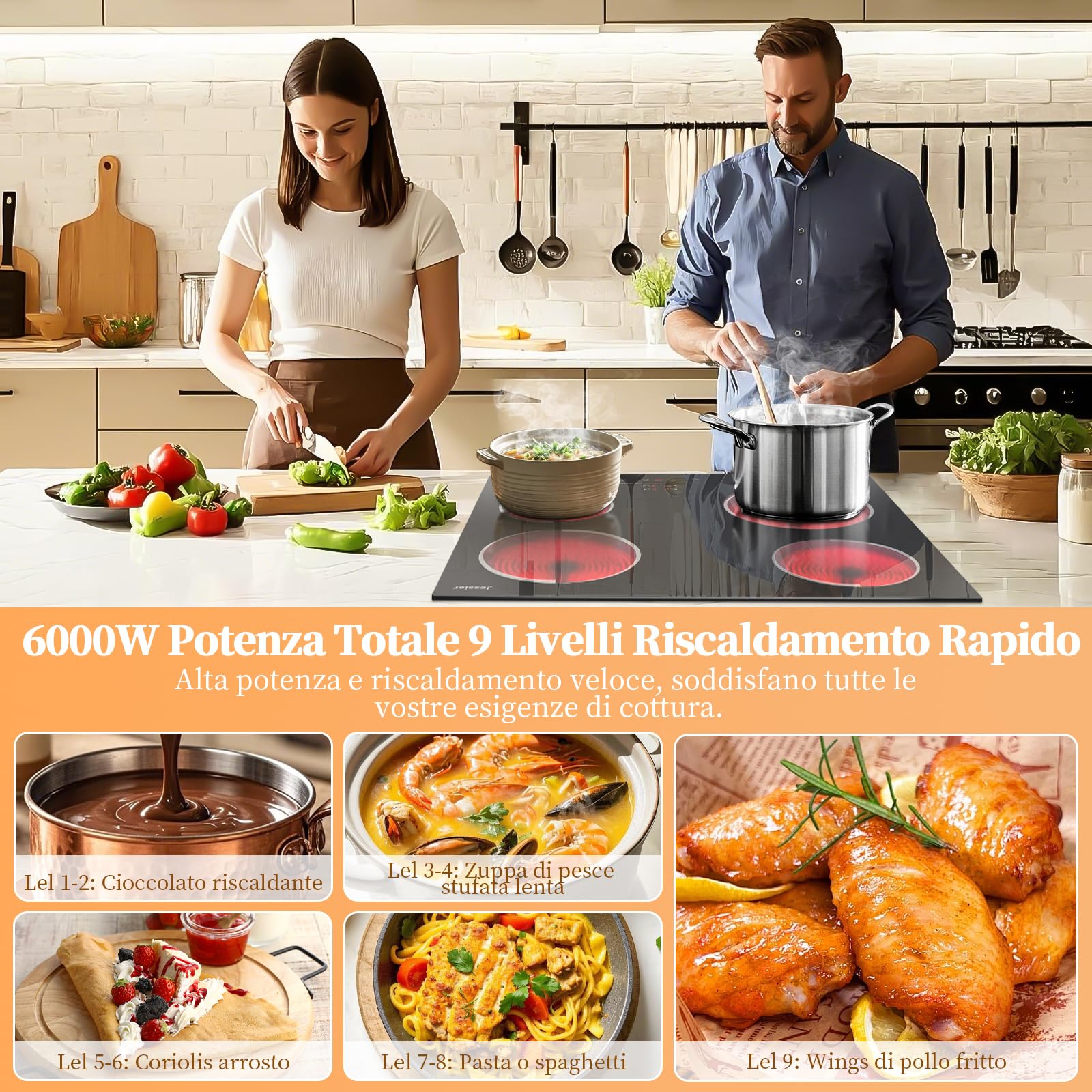 Piano Vetroceramica 4 Fuochi 6000W, Jessier Piano Cottura Elettrico 4 Piastre 9 Livelli di Potenza, Funzione Pausa, Timer, Blocco di Sicurezza